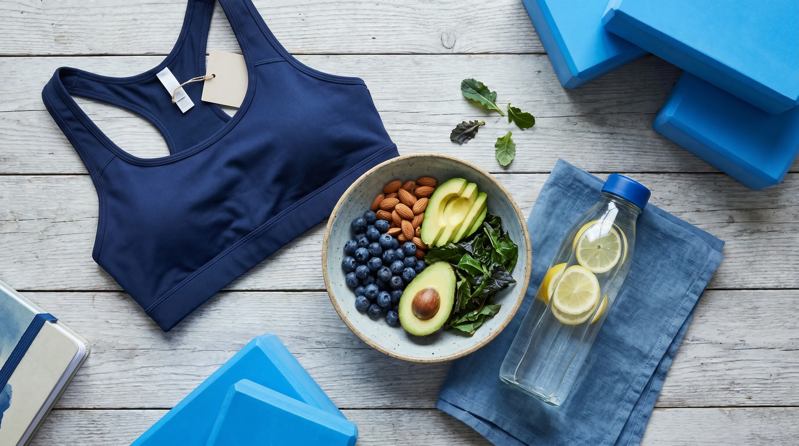 A well-lit wellness flat lay featuring a properly fitted sports bra, nutritional foods rich in vitamins and minerals, and a hydration bottle, arranged on a soft gray wooden surface with blue accent elements, lifestyle health photography style.