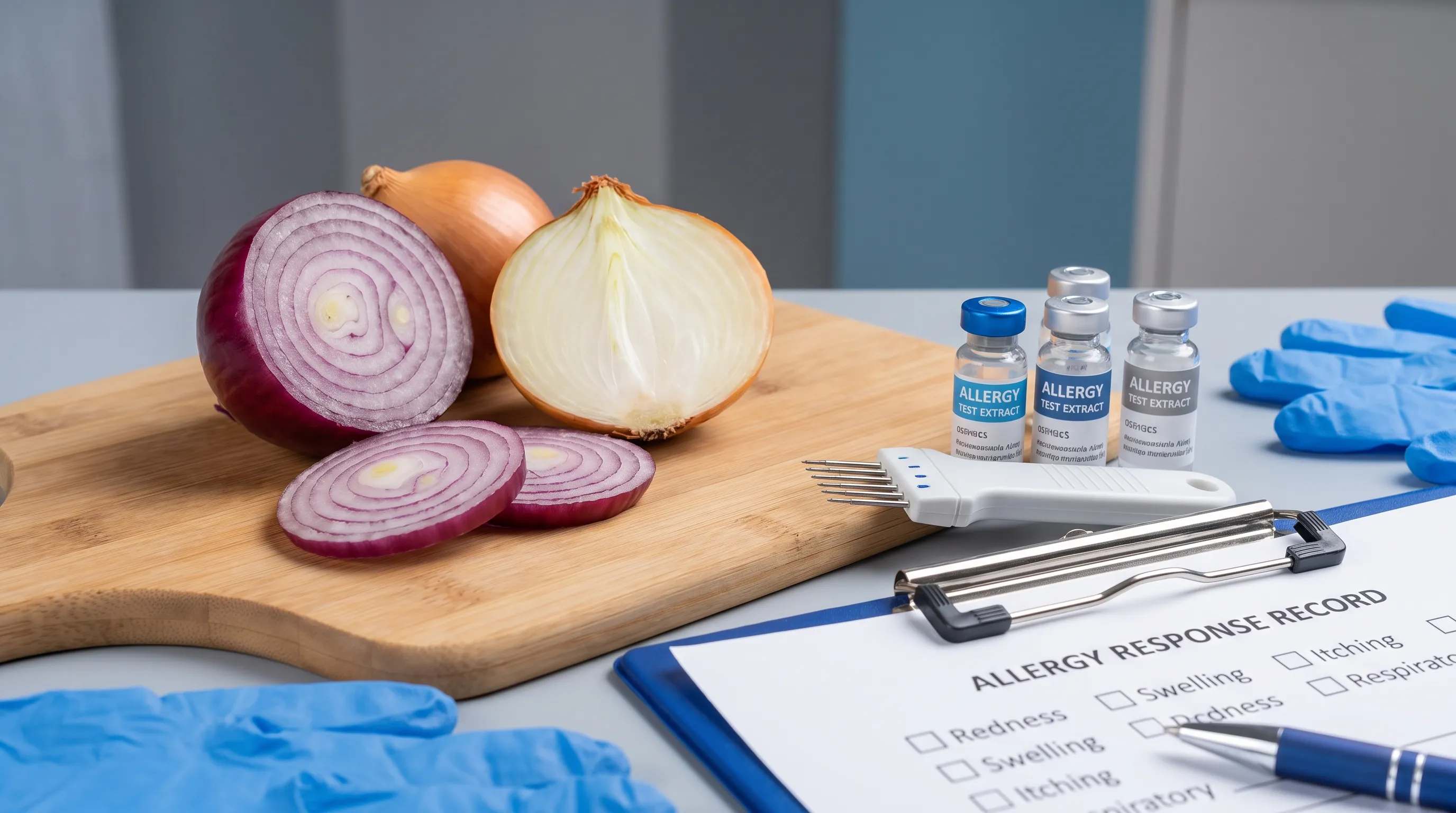 Gros plan d'oignons frais sur une planche à découper, à côté de matériel de tests d'allergie et d'une liste de symptômes