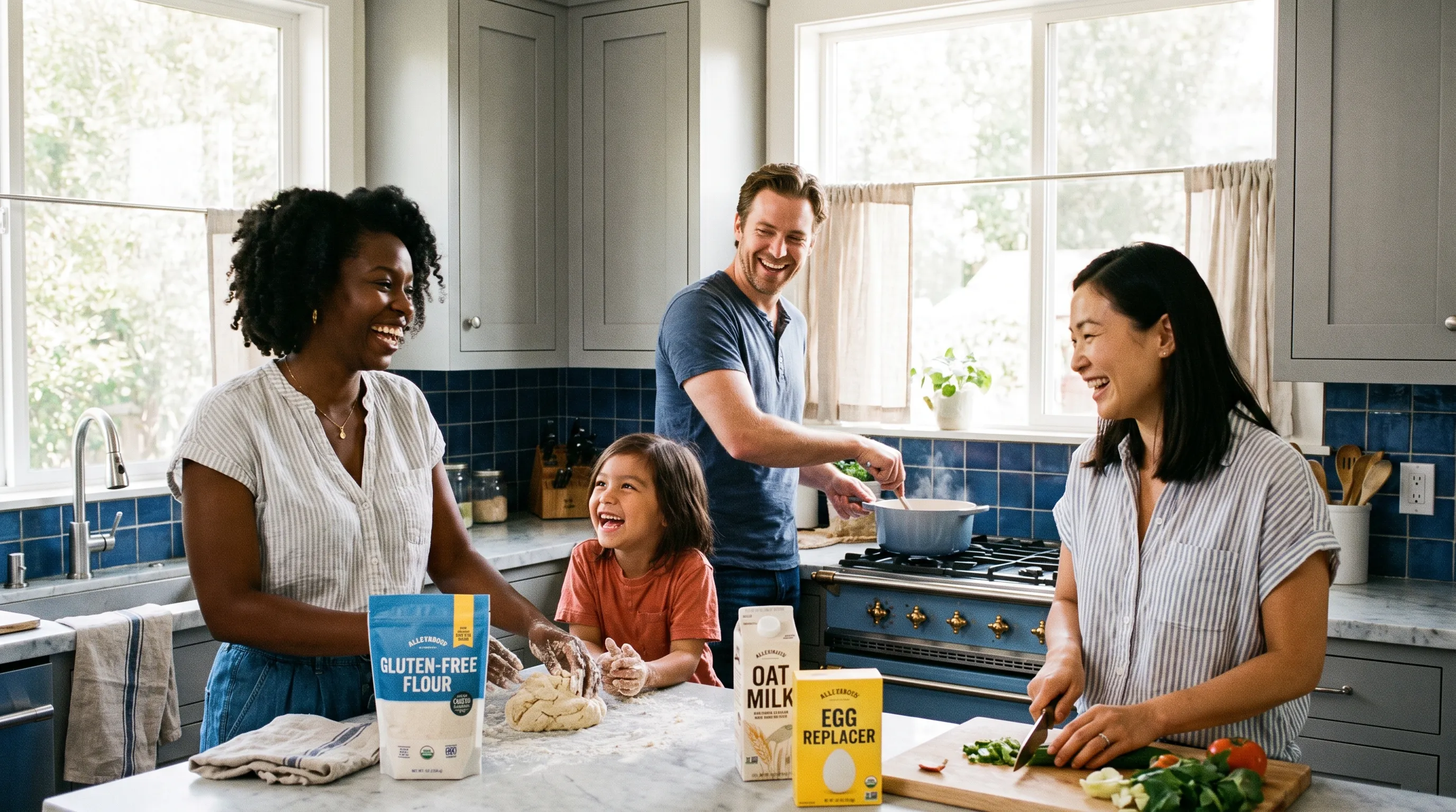 Groupe diversifié de personnes préparant des repas adaptés aux allergies dans une cuisine moderne avec des substituts sûrs