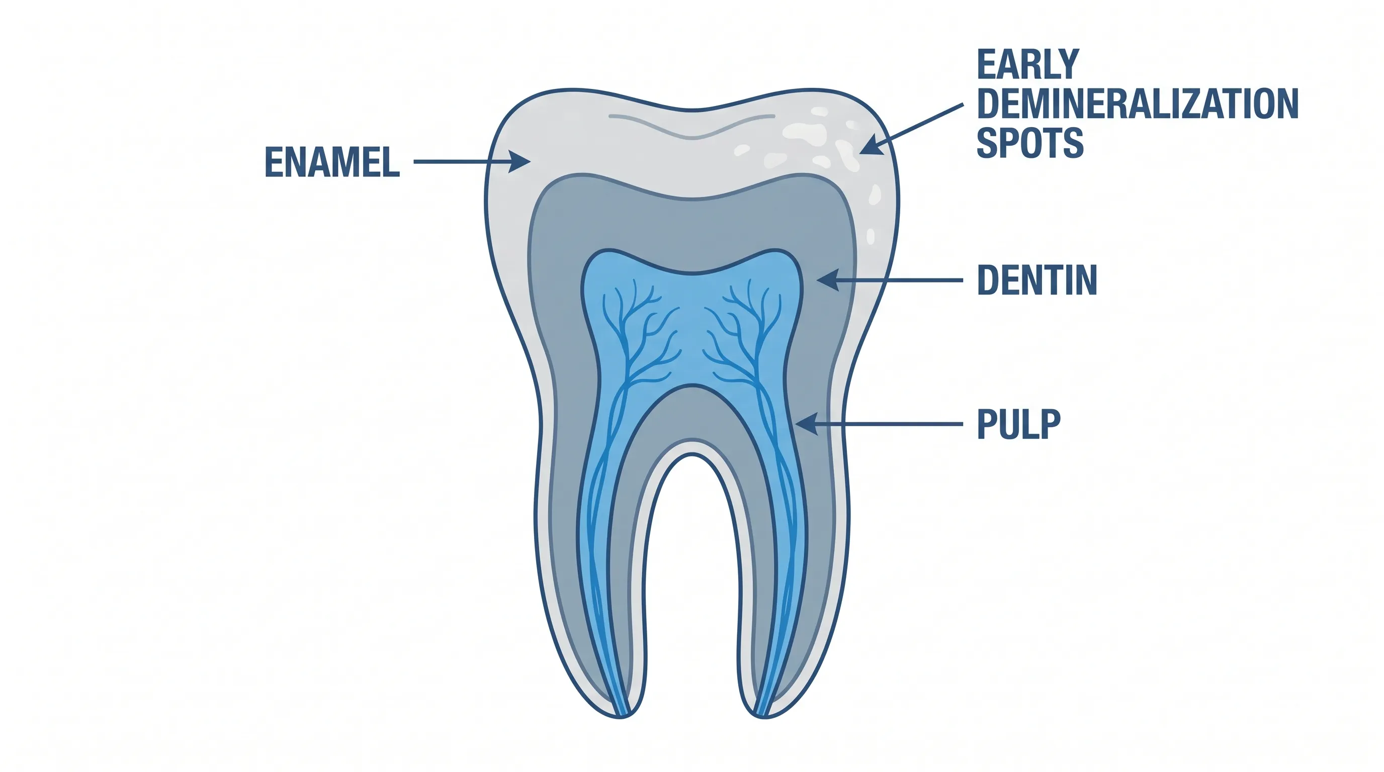 A detailed, medically accurate illustration of a tooth cross-section showing enamel, dentin, and pulp layers with early demineralization spots, styled in a clean educational diagram format with gray and blue accents.