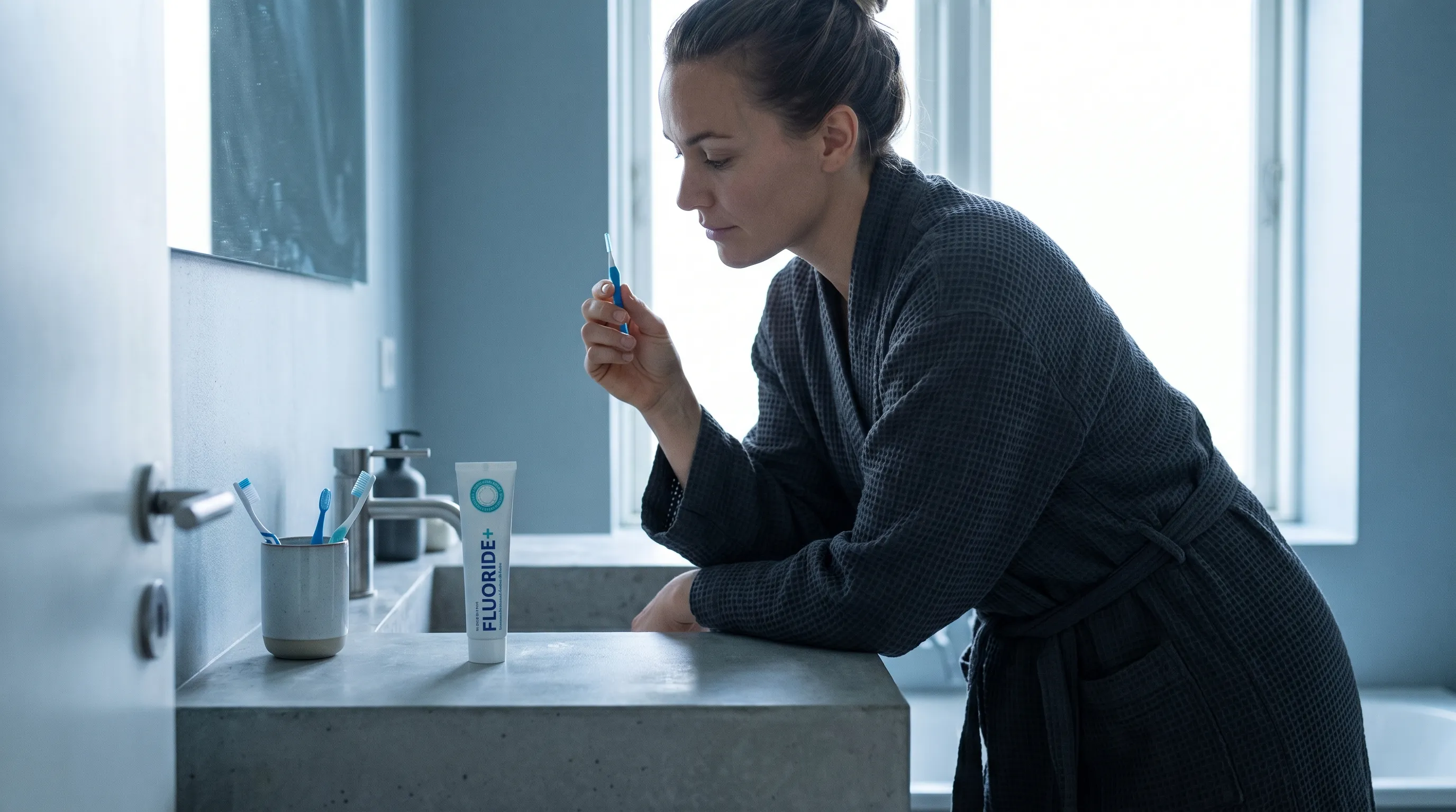A lifestyle photograph of a person practicing mindful oral care at a modern bathroom vanity, focusing on fluoride toothpaste and an interdental brush, shot in cool blue and gray tones with natural lighting.