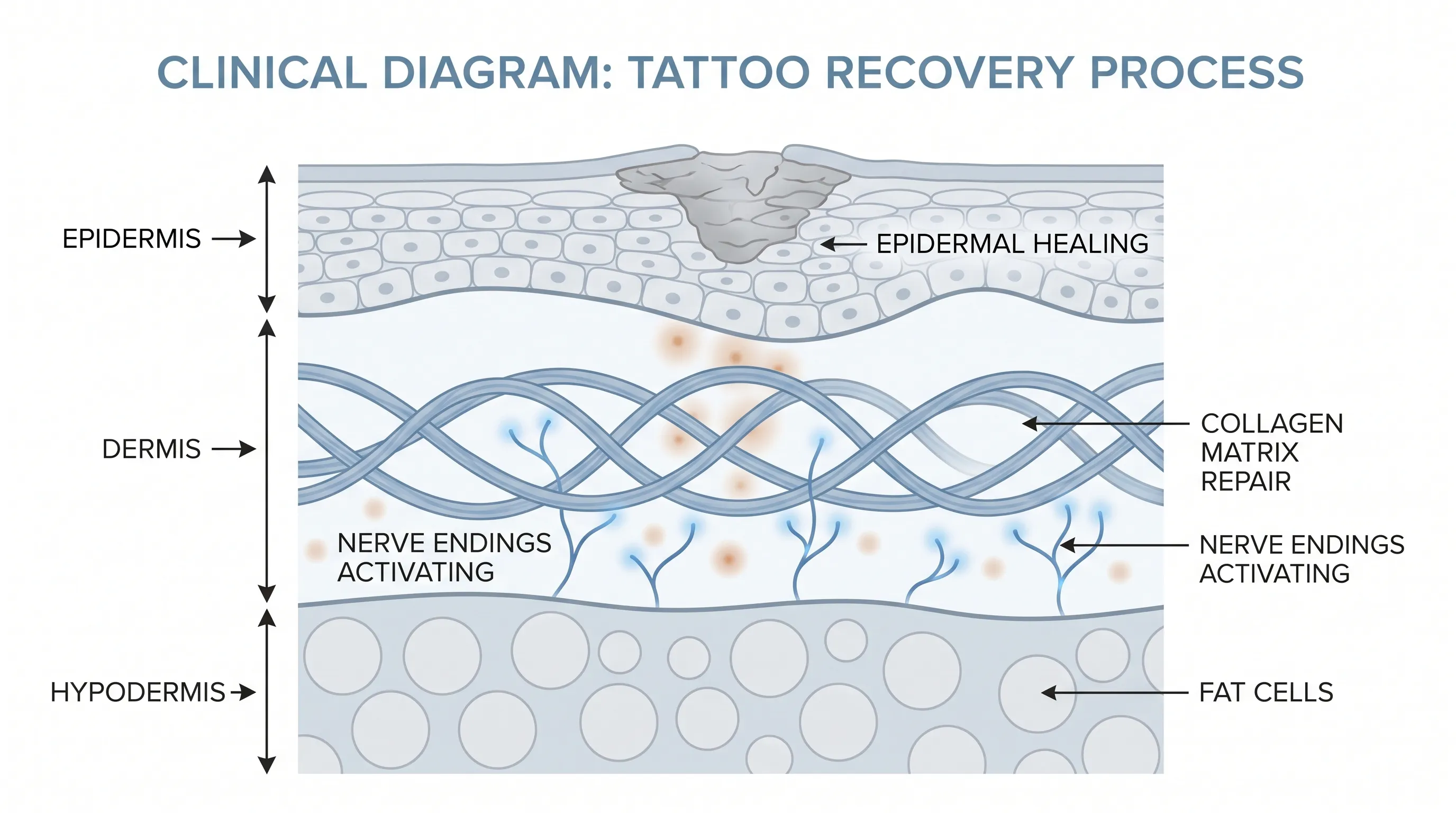 Close-up clinical illustration of skin layers healing after tattooing, showing epidermal regeneration and immune cell activity