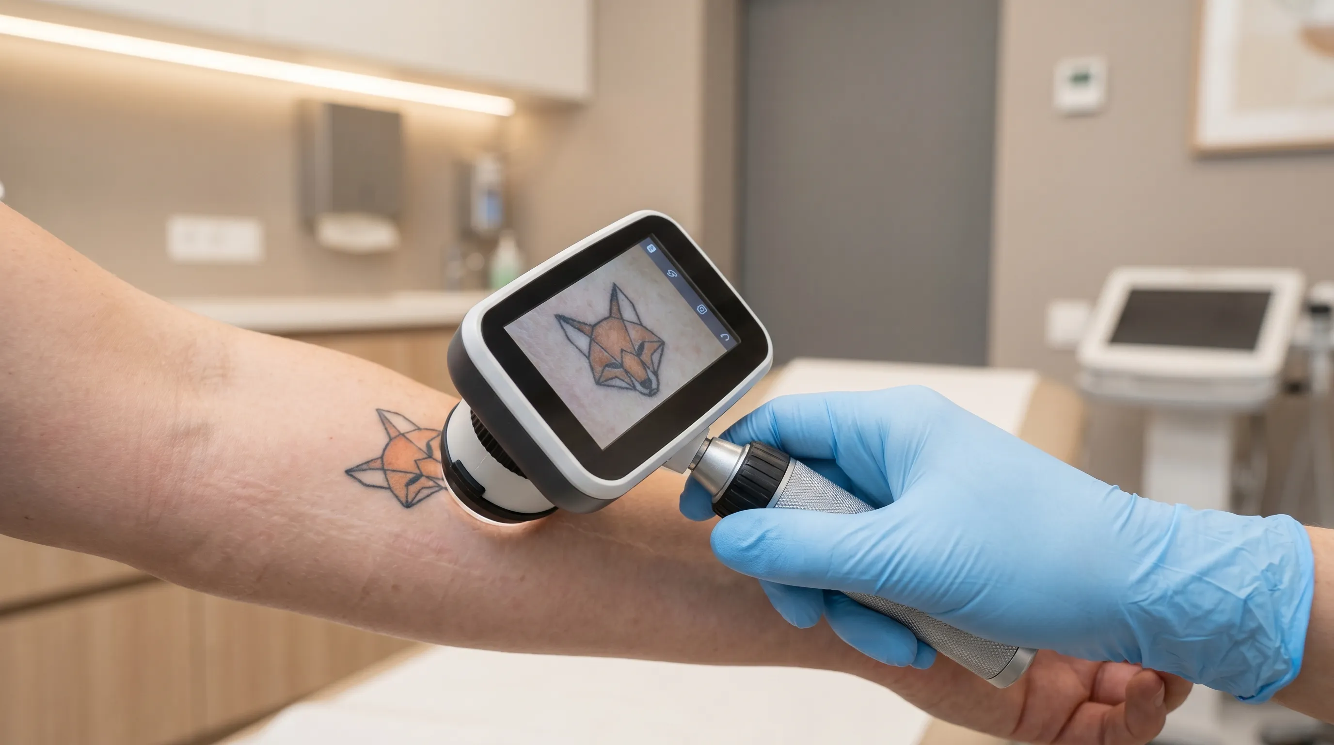 Medical laboratory visualization showing immune cells interacting with tattoo pigment nanoparticles in dermal tissue