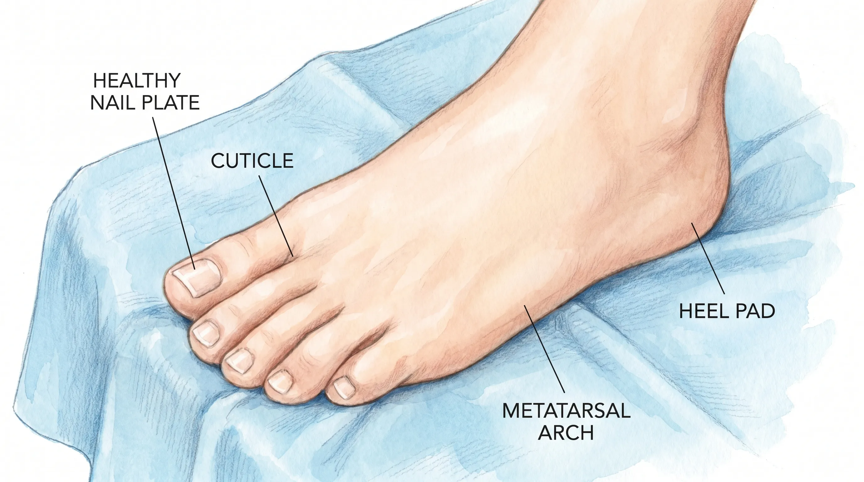 A close-up, medically accurate illustration of a healthy foot with clean, neatly trimmed toenails resting on a soft blue medical examination cloth