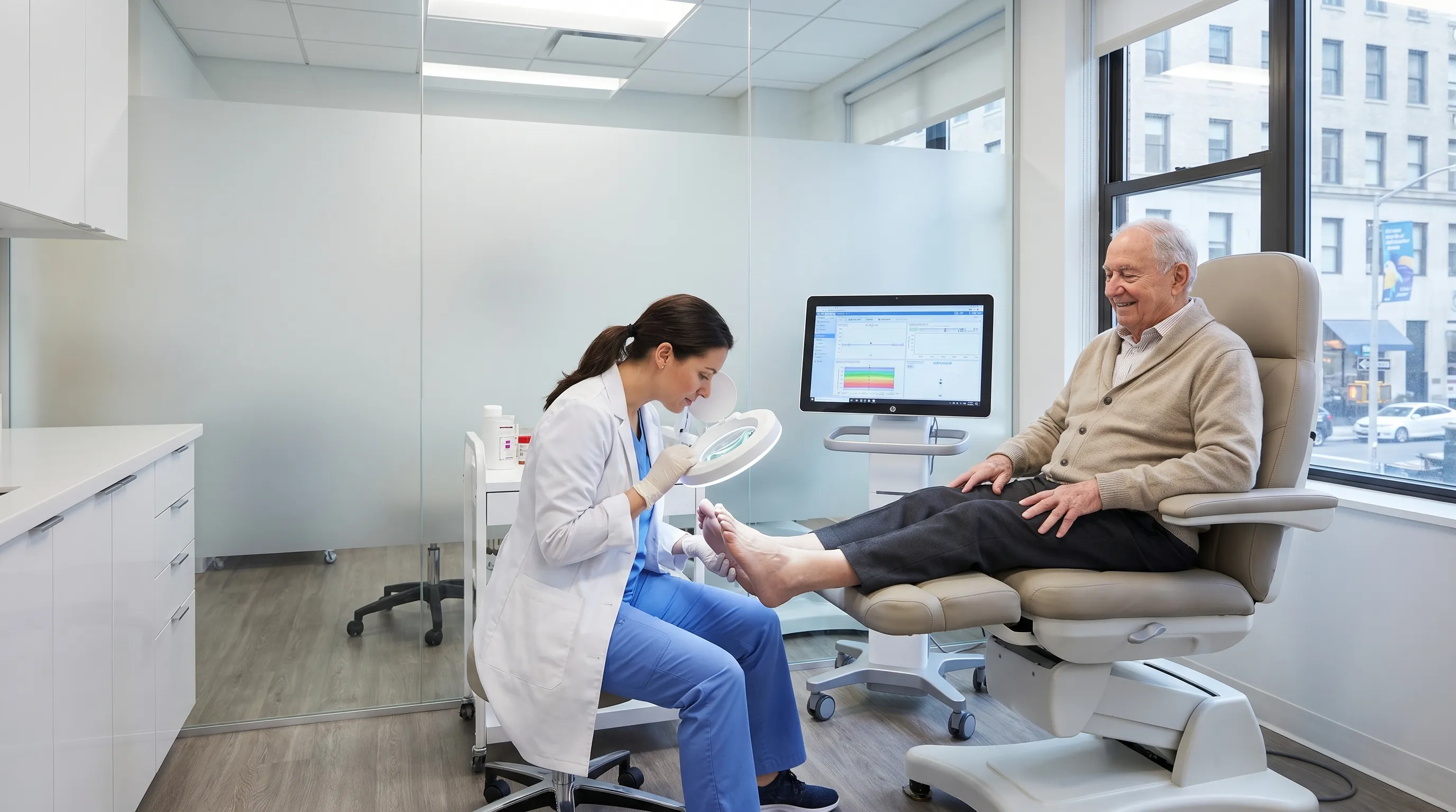 A podiatrist in a modern clinical setting carefully examining a patient's foot with a magnifying lamp, emphasizing precision and compassionate care