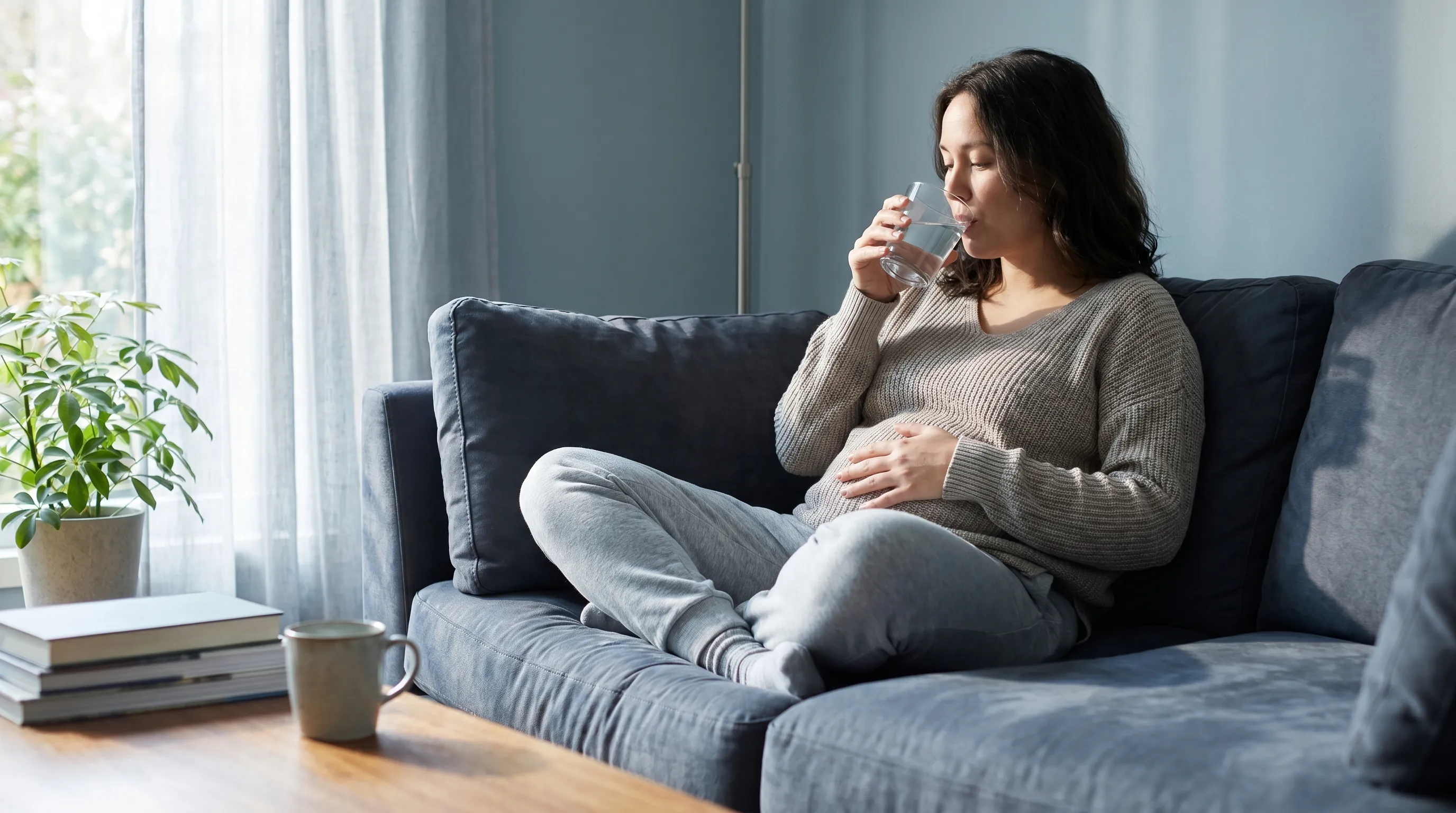 person sipping a glass of warm water while resting a hand on their abdomen in a calm home setting