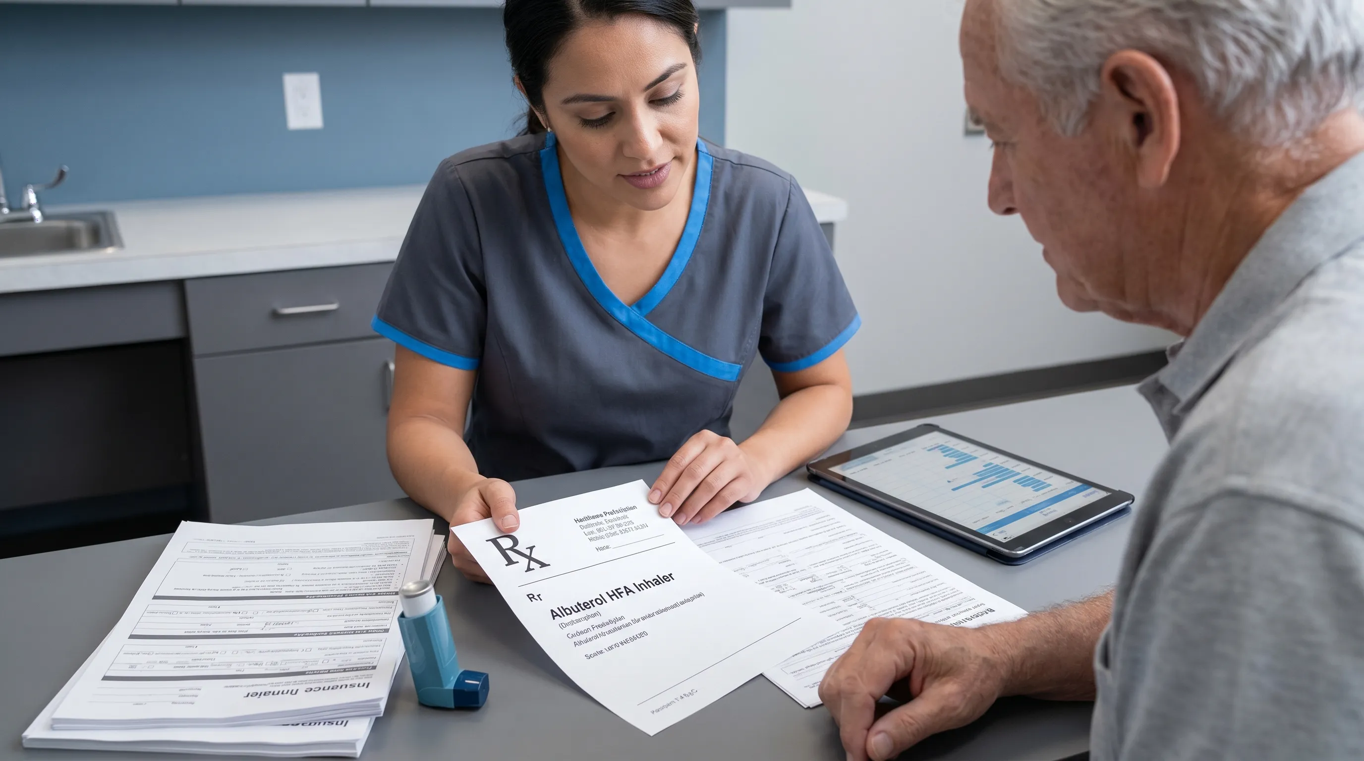 Patient and pulmonologist reviewing respiratory treatment plans and medication adherence logs in a modern clinical setting