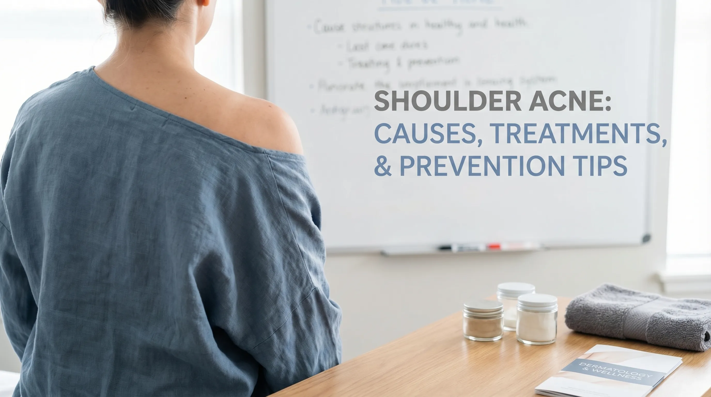 Close-up of red pimples and whiteheads on a person's shoulder, illustrating a typical case of shoulder acne.