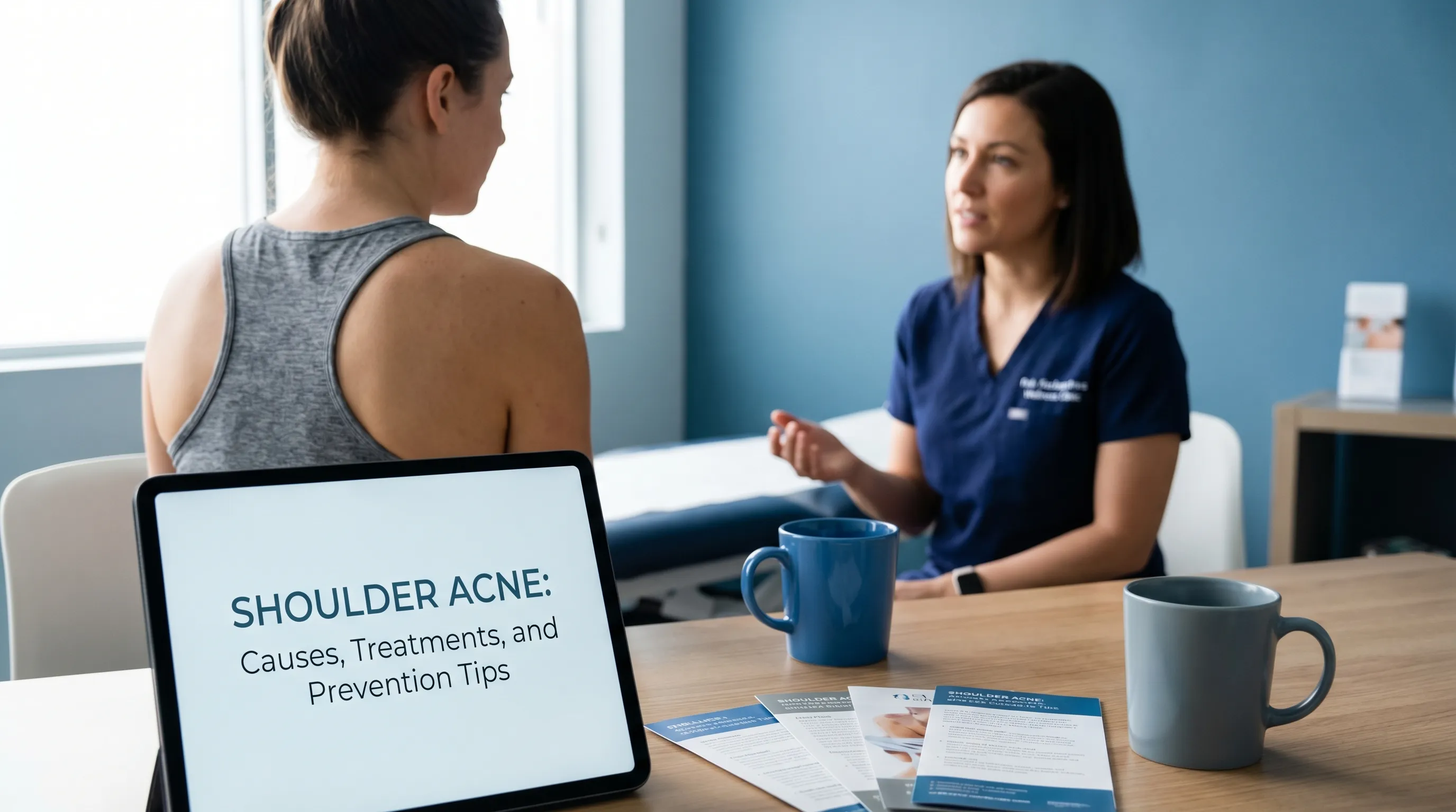 Illustration showing the different types of acne in a skin cross-section, including a whitehead, blackhead, papule, and cyst.