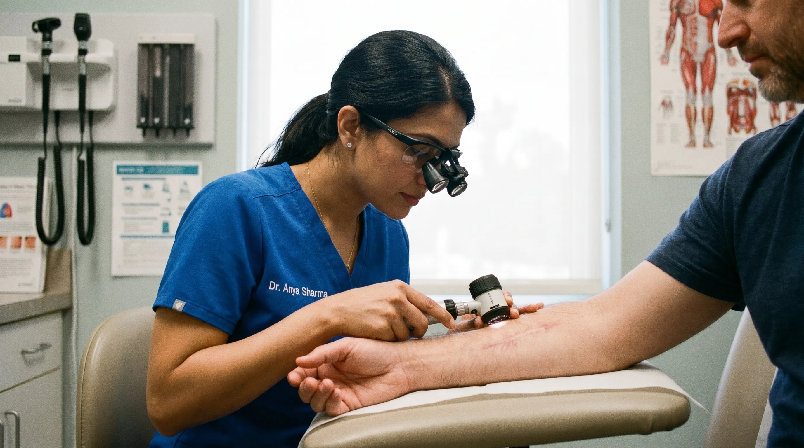 Nahaufnahme einer Dermatologin oder eines Dermatologen bei der Untersuchung der Haut am Unterarm einer Patientin oder eines Patienten