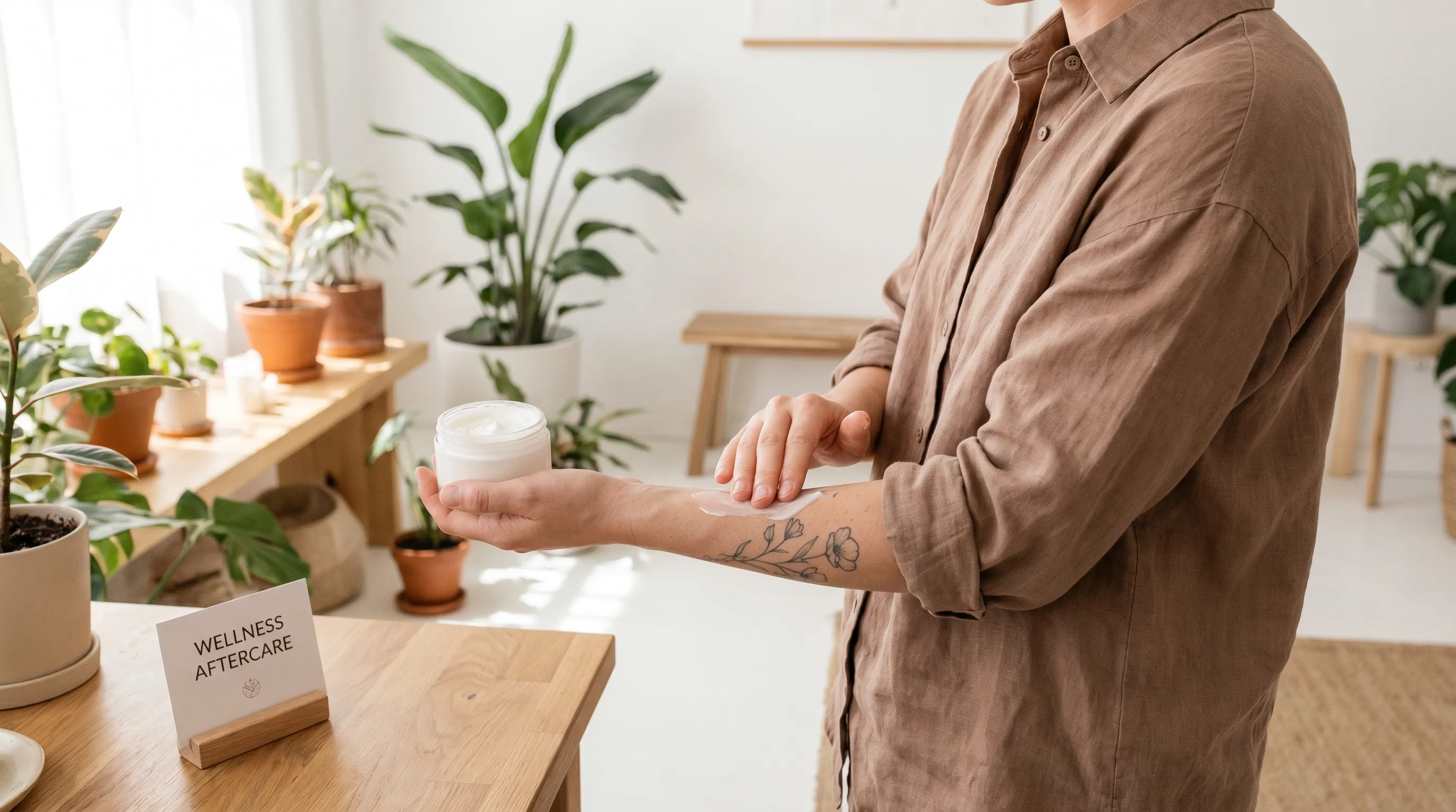 Eine Person mit gut eingestelltem Diabetes zeigt ein vollständig abgeheiltes kleines Tattoo am Oberarm