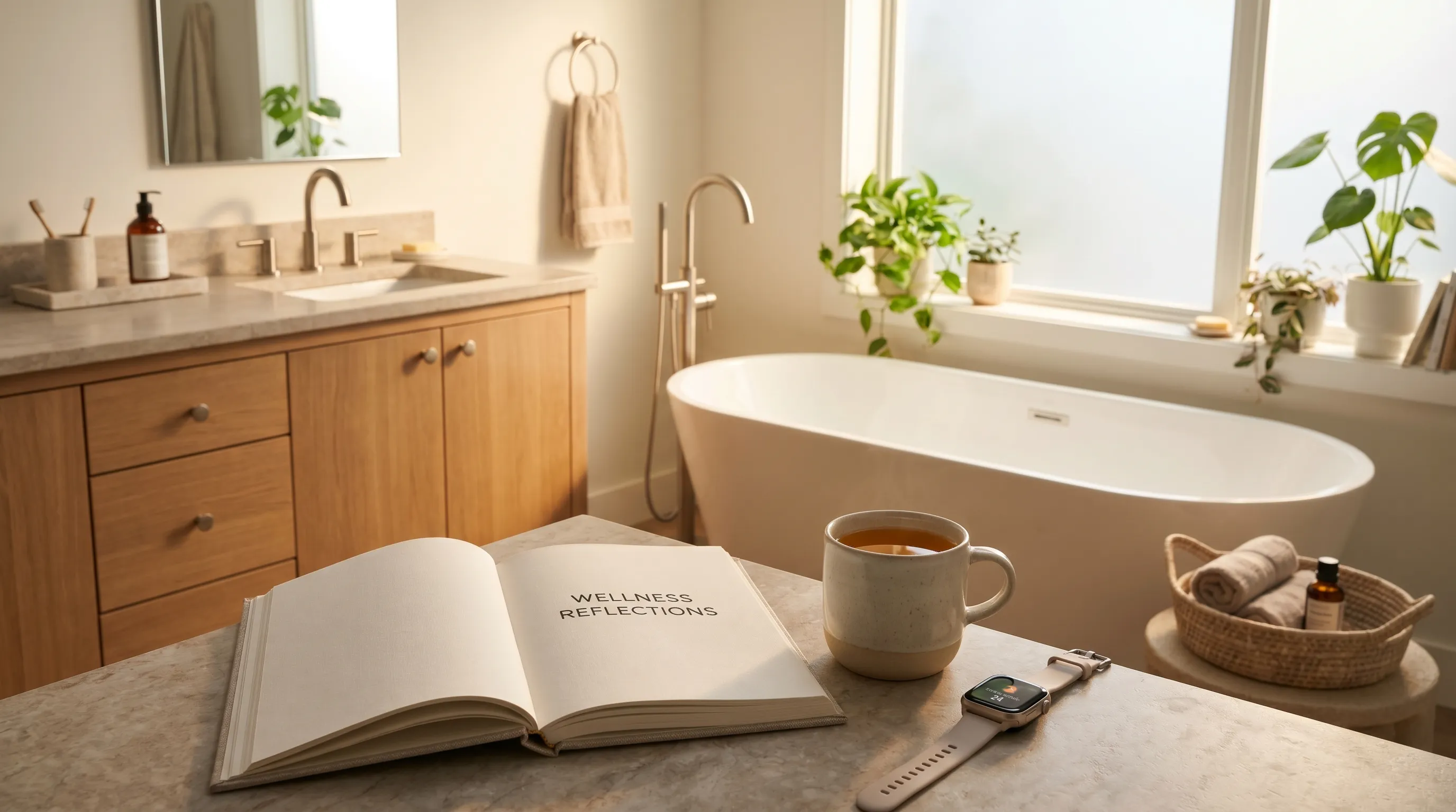 A wellness-focused bathroom scene featuring a journal, hydration tools, and subtle health tracking items in soft natural lighting