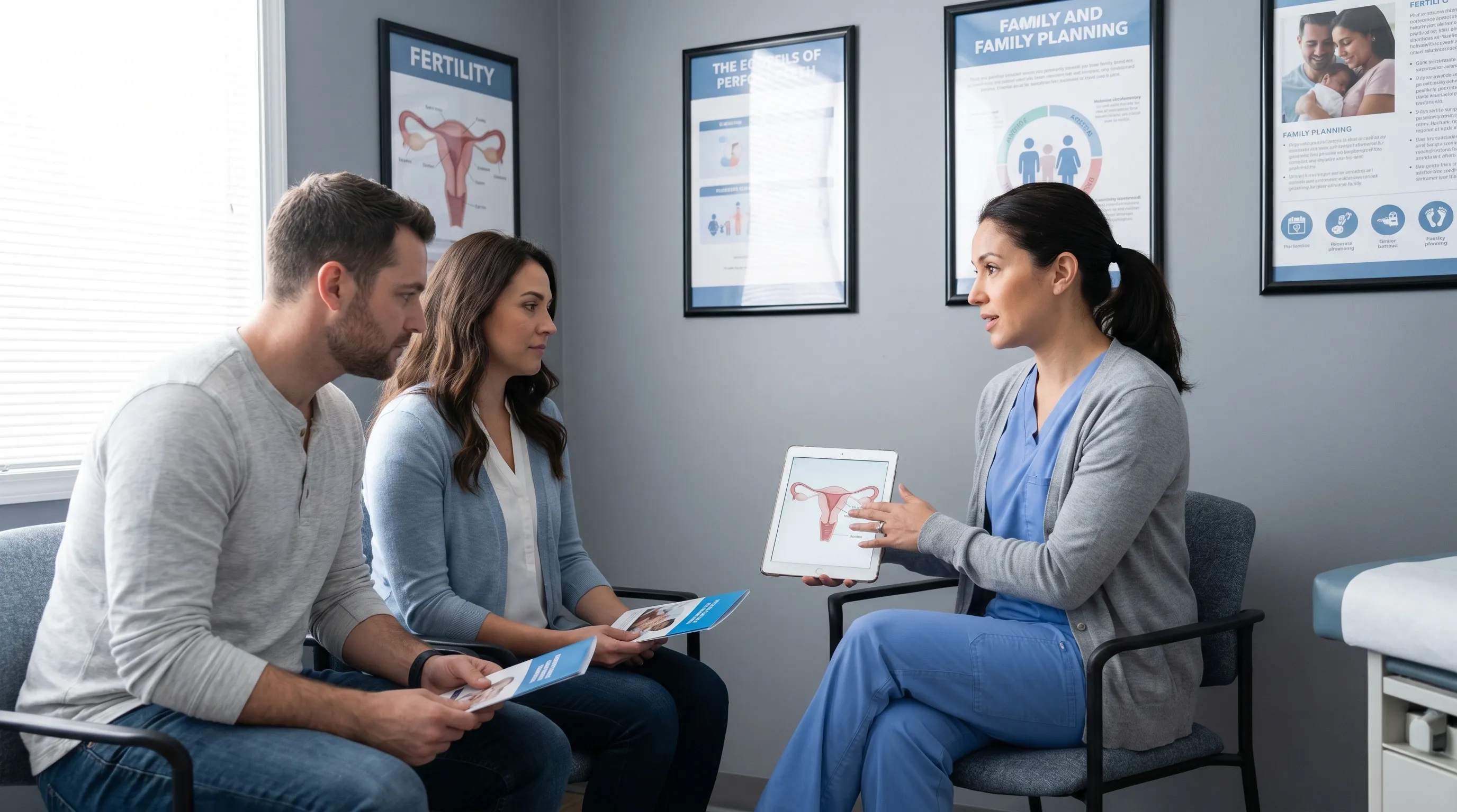 A healthcare professional counseling patients in a bright consultation room, focusing on reproductive education