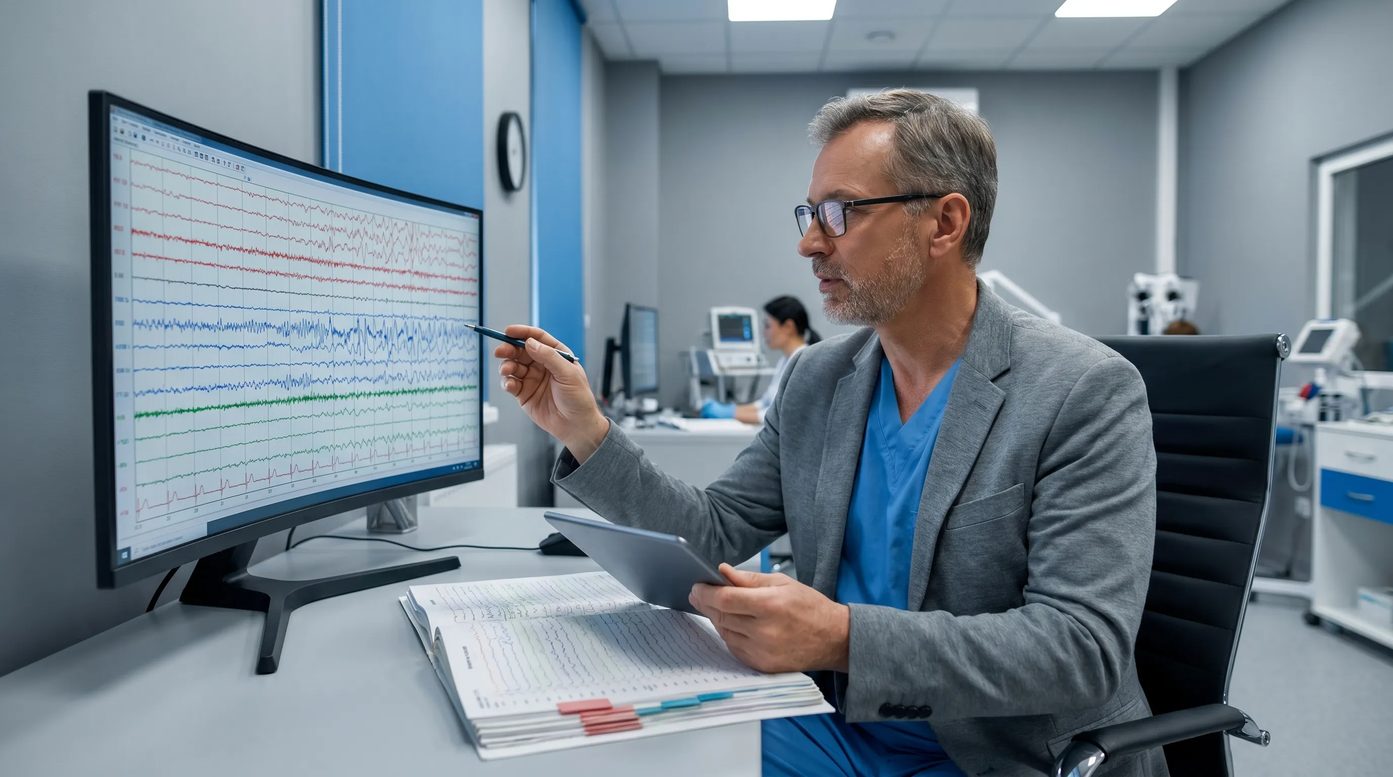 Neurologist analyzing brain wave monitor screen displaying colorful EEG traces while reviewing patient charts