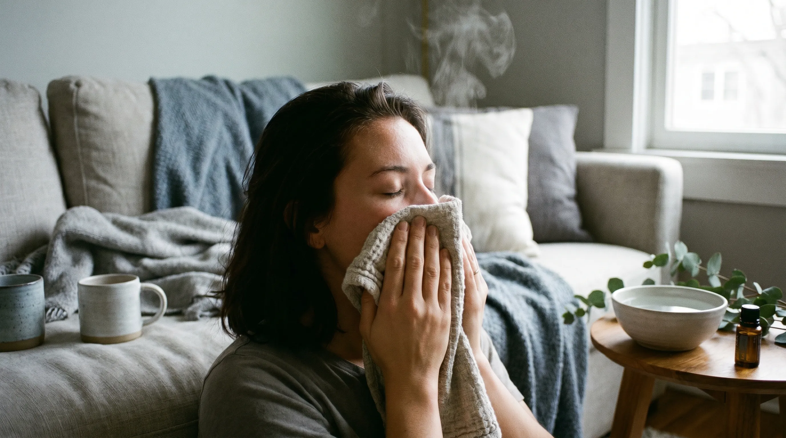 A close-up lifestyle photo of a person gently applying a warm, damp cloth over their nose and cheeks while seated comfortably on a couch. Soft gray and blue tones, clinical yet cozy atmosphere, emphasizing natural sinus relief.