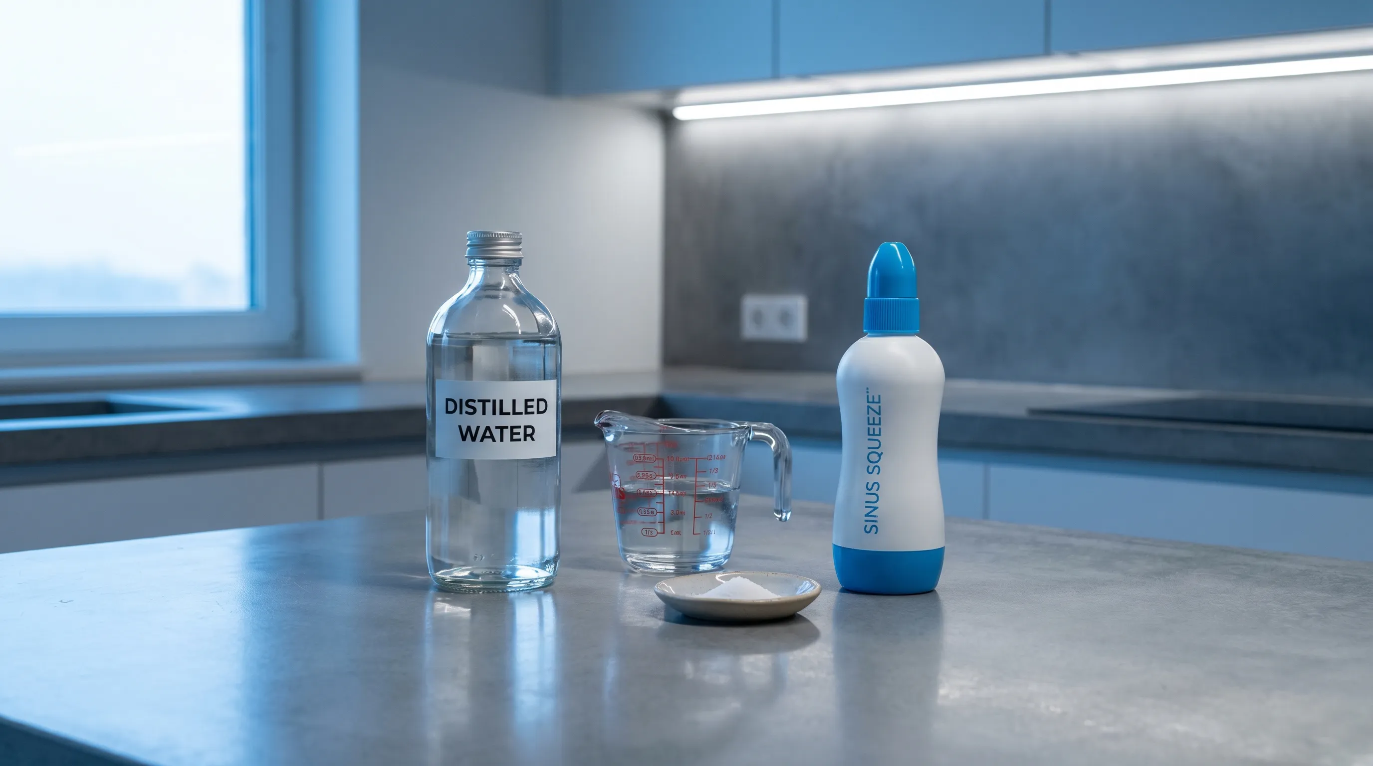 A well-lit kitchen counter setup showing a glass bottle of distilled water, a measuring cup, a pinch of non-iodized salt, and a modern sinus squeeze bottle arranged neatly. Clean, minimalist aesthetic with cool blue and gray lighting.