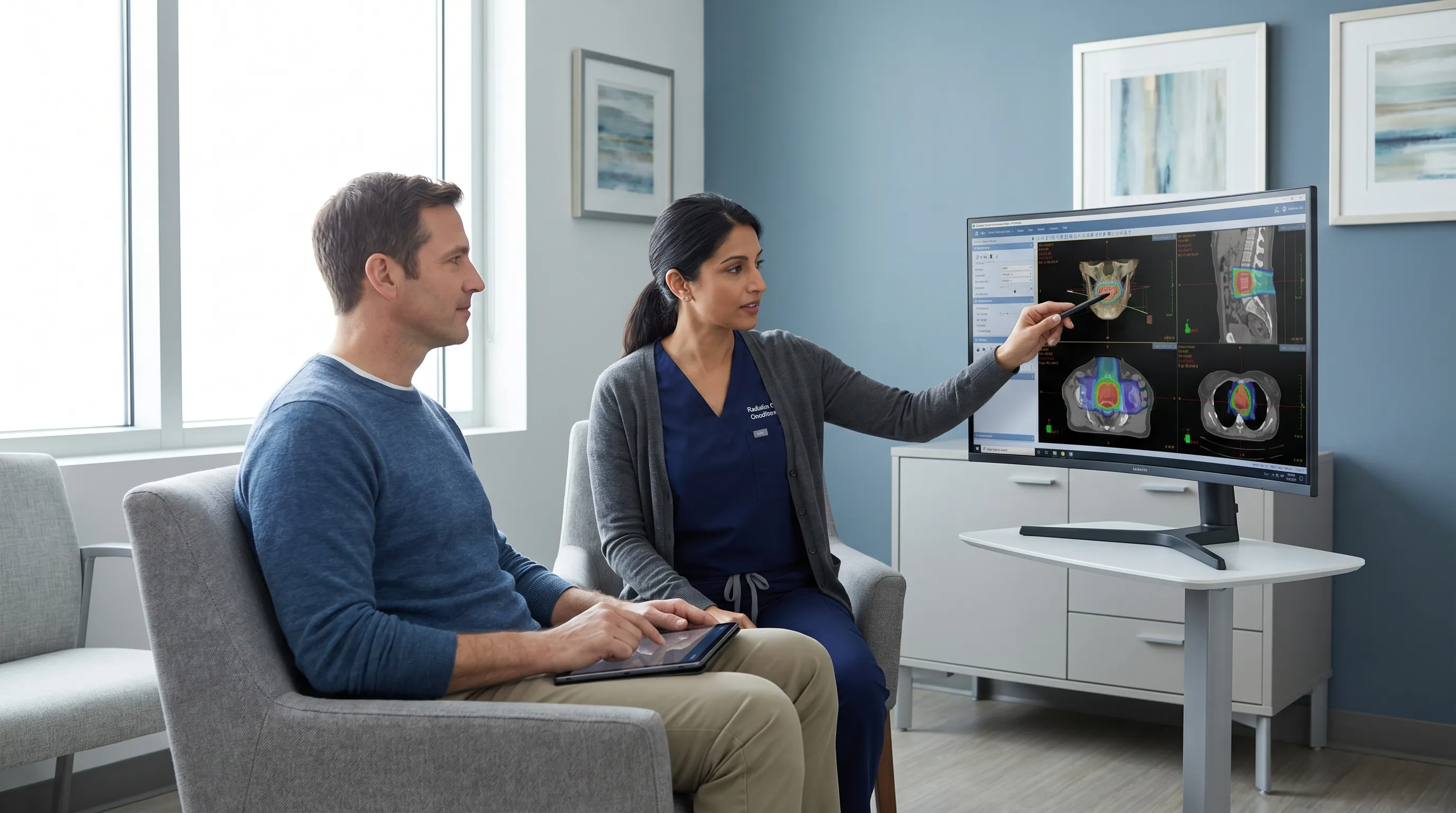 A radiation oncology specialist reviewing 3D treatment planning software with a patient in a modern oncology clinic