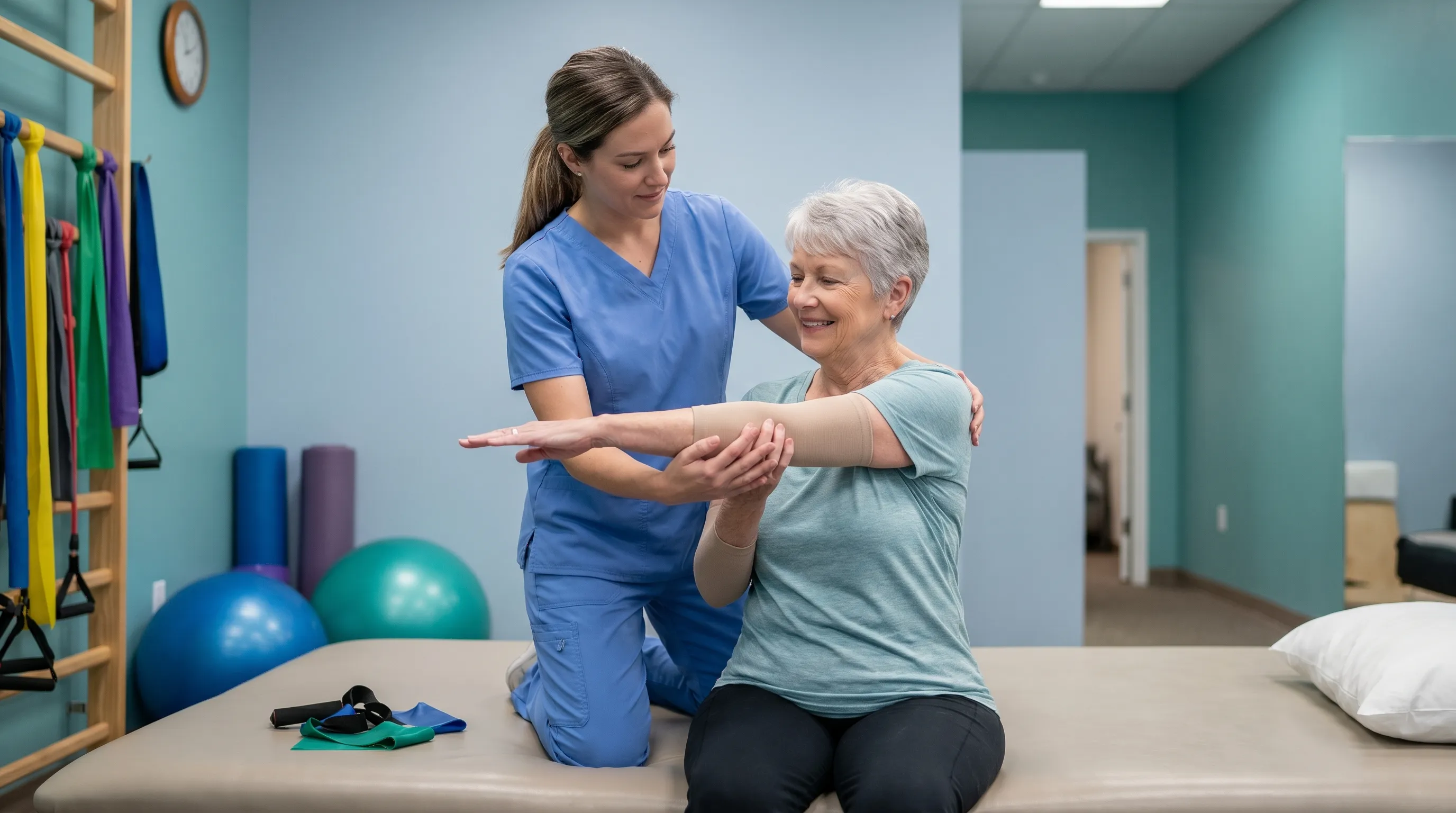 A physical therapist guiding a cancer patient through gentle post-radiation stretching exercises in a clinical rehabilitation setting