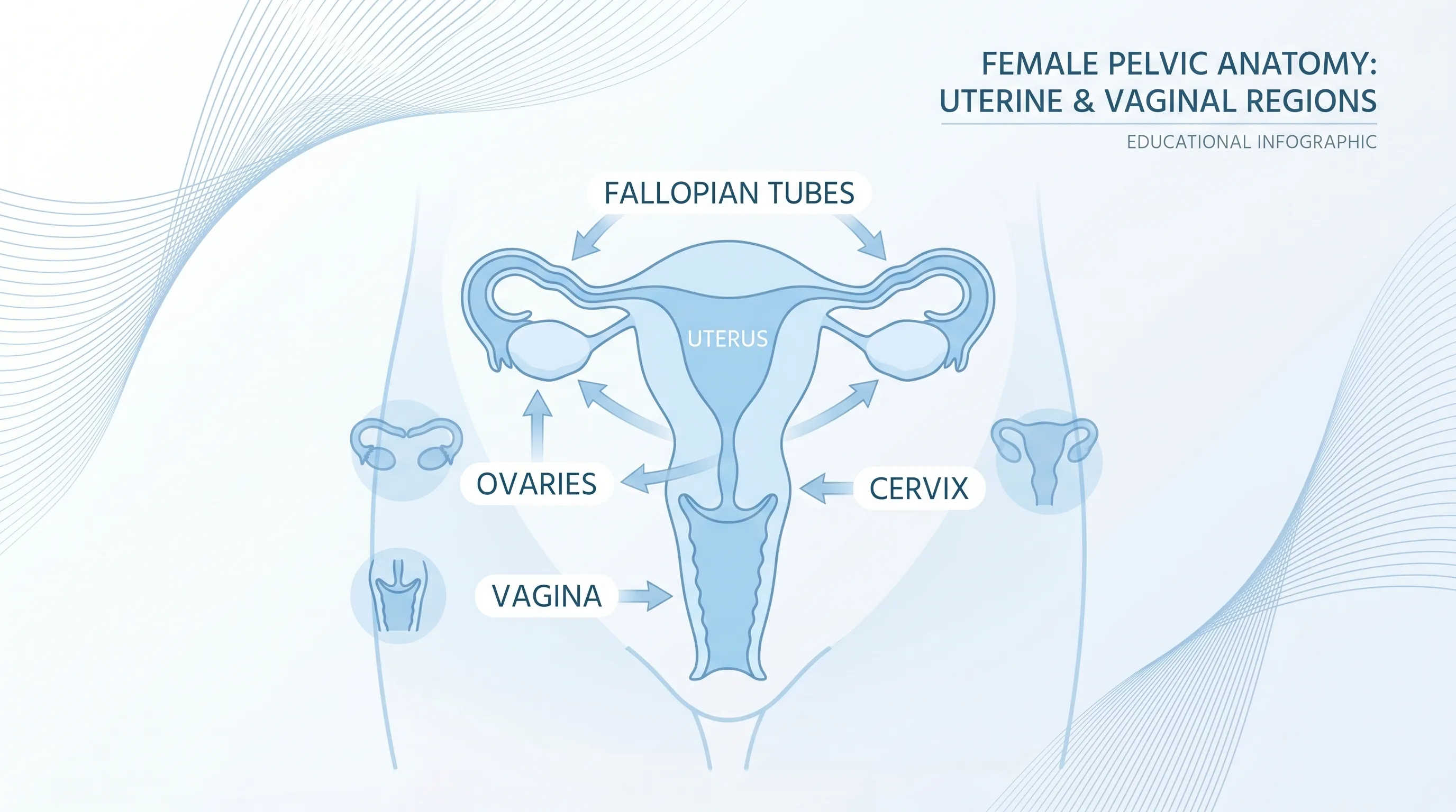 Clinical illustration of the female pelvic anatomy highlighting inflammatory zones during candidiasis