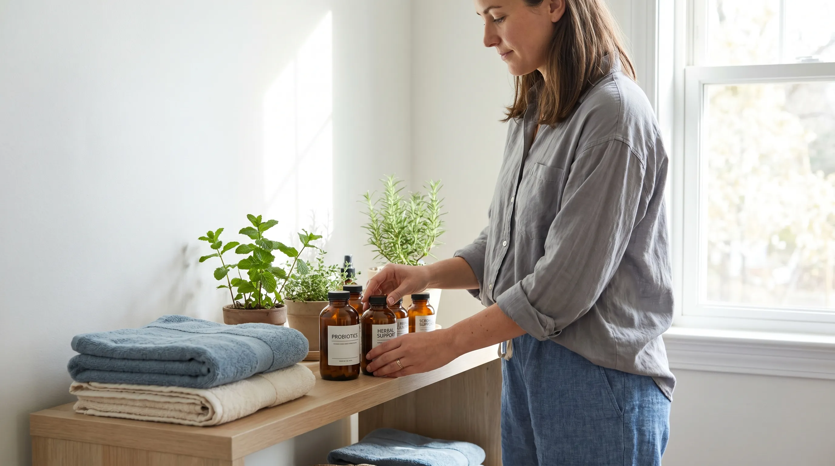 Wellness lifestyle photo of a woman organizing natural health supplements and cotton clothing on a tidy shelf