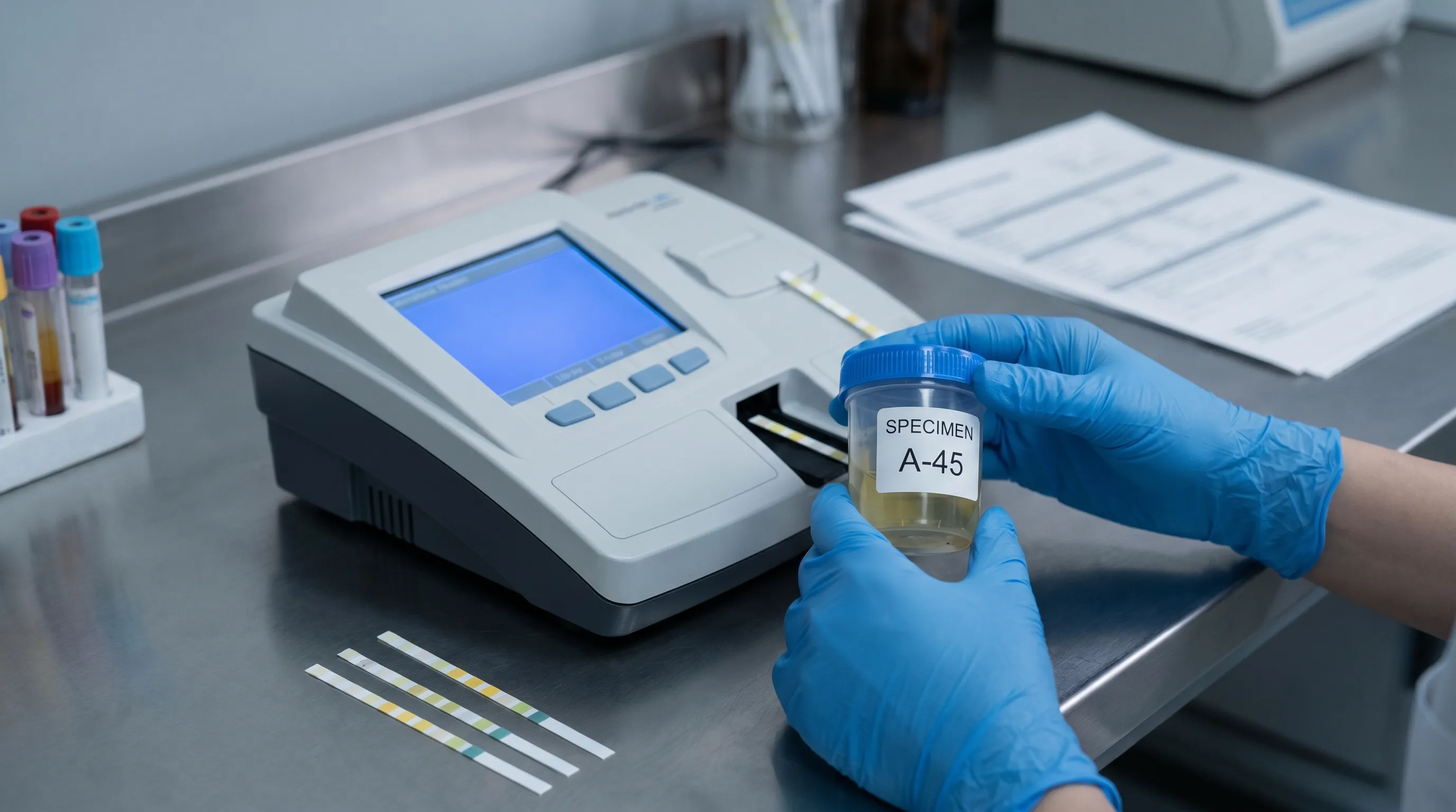 A laboratory technician carefully labeling and organizing urine specimen cups under sterile conditions, emphasizing clinical precision and chain-of-custody protocols