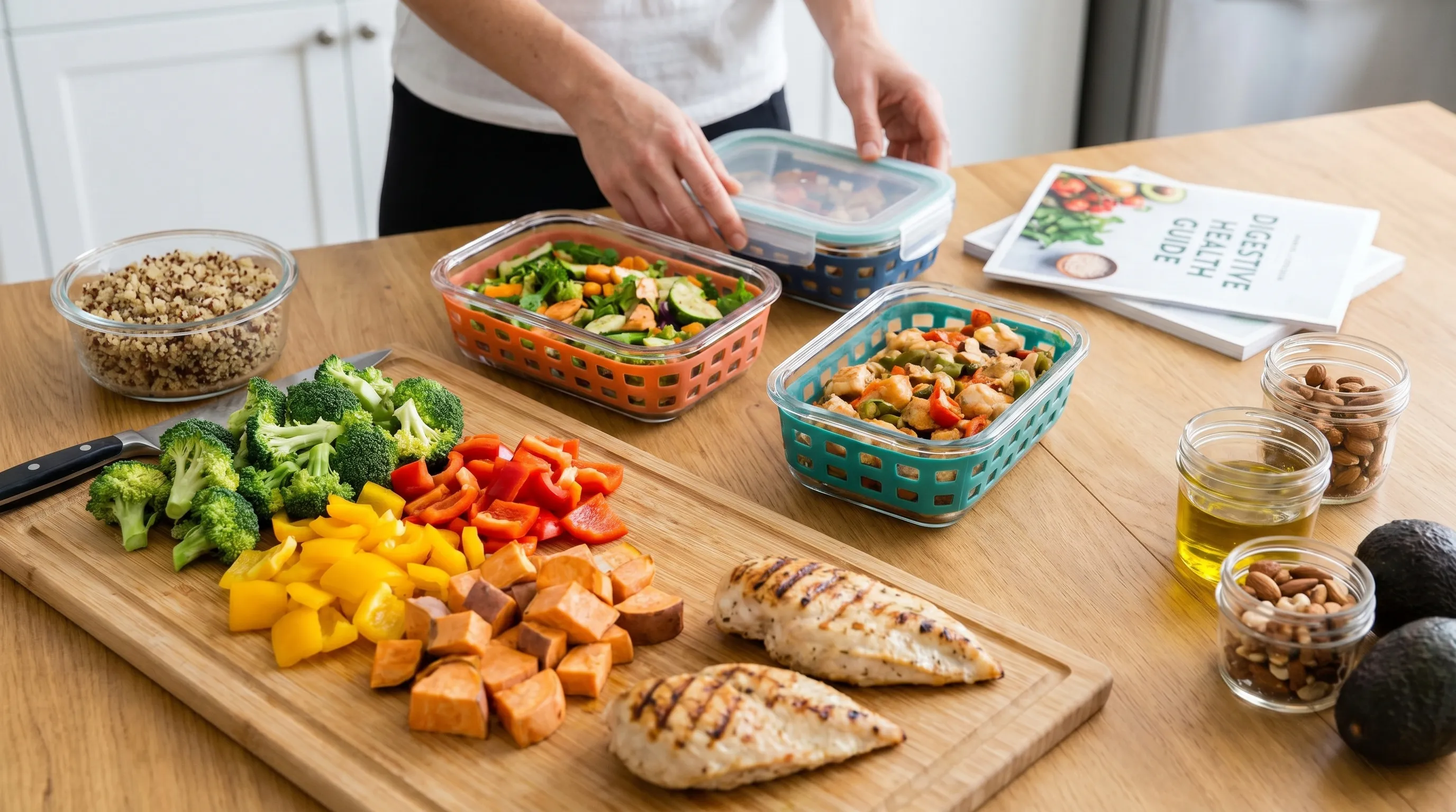 A professional lifestyle photo showing a healthy meal prep setup with fresh vegetables, lean proteins, and healthy fats on a wooden table, emphasizing digestive health and balanced nutrition