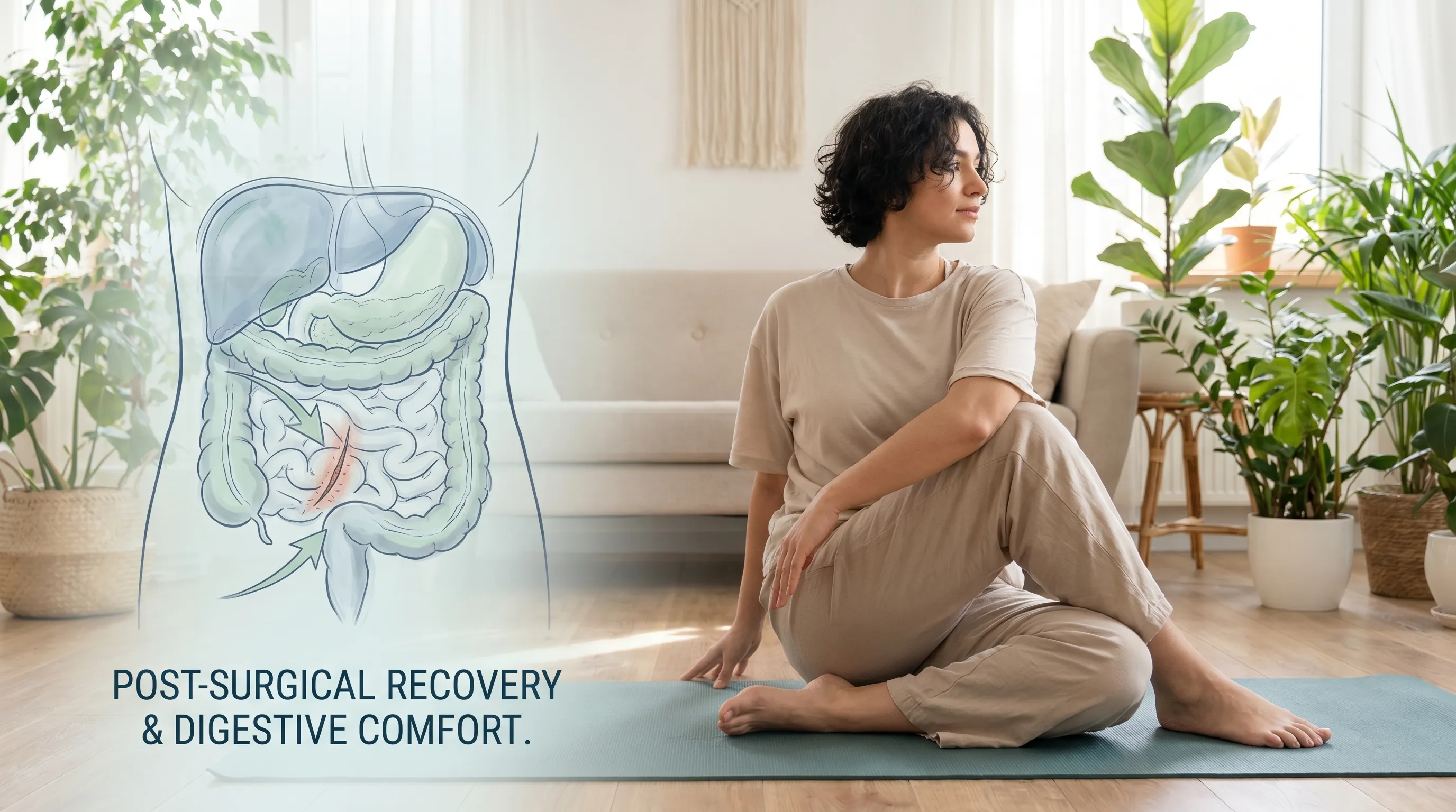 A medical illustration blended with a lifestyle scene, showing a person performing gentle abdominal stretching or yoga poses in a bright, calming wellness space, highlighting post-surgical recovery and digestive comfort