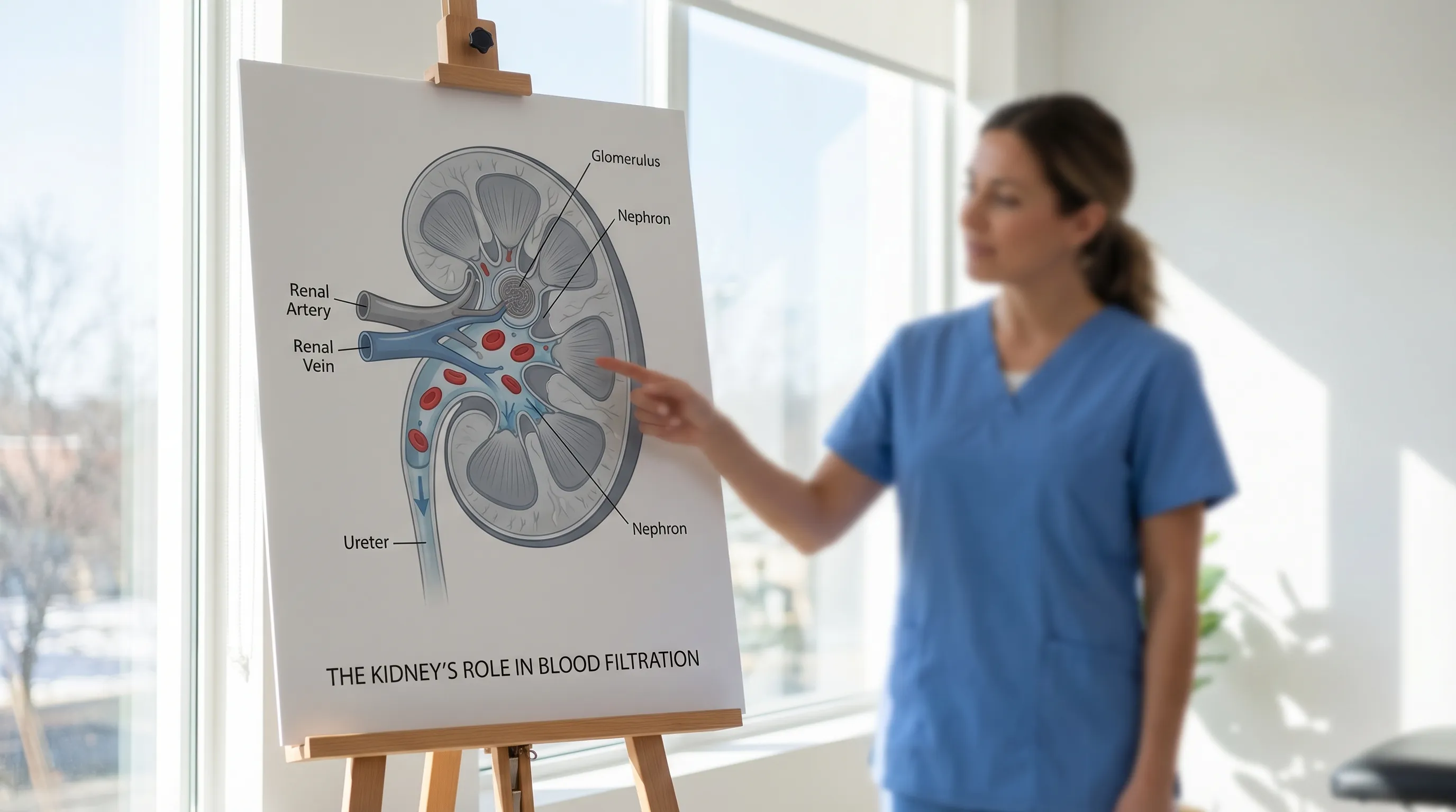 A diagram showing the anatomy of the kidney and its role in filtering blood.