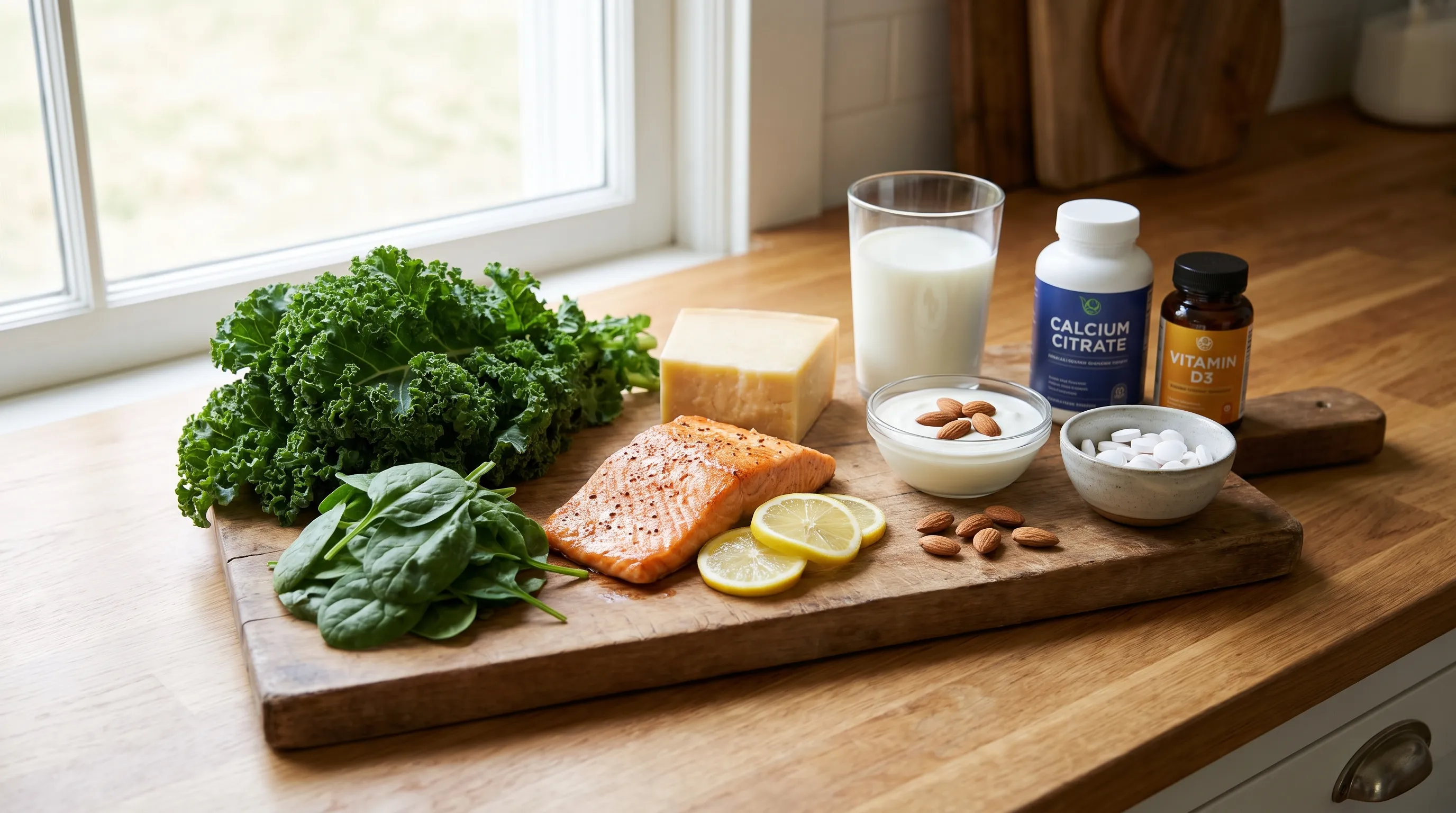 A nutritional wellness layout featuring bone-supporting foods like salmon, leafy greens, almonds, and supplements on a clean kitchen surface, emphasizing recovery nutrition