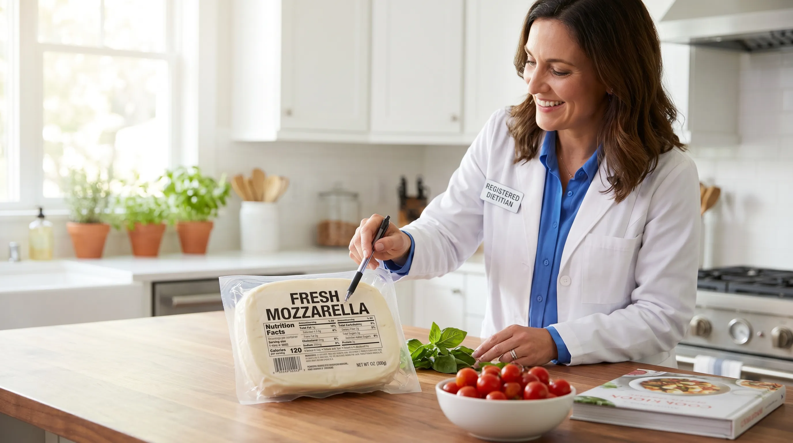 Photographie clinique mais chaleureuse d'un nutritionniste ou d'un diététicien montrant l'étiquette détaillée d'un bloc de mozzarella fraîche, soulignant des choix alimentaires sûrs dans une cuisine lumineuse