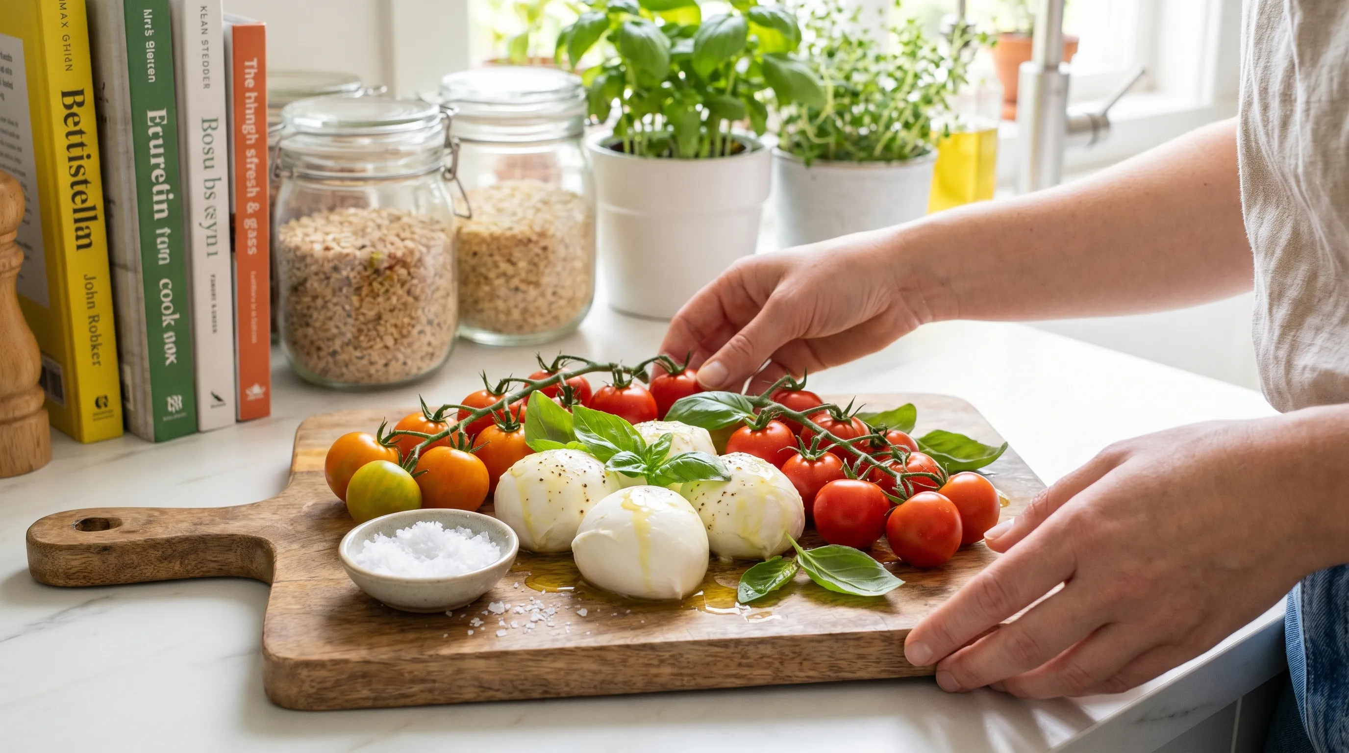 Planche à découper en bois joliment dressée avec des boules de mozzarella fraîche entière, des tomates cerises et des feuilles de basilic, représentant des produits laitiers naturels non transformés sans gluten dans un environnement culinaire axé sur la santé
