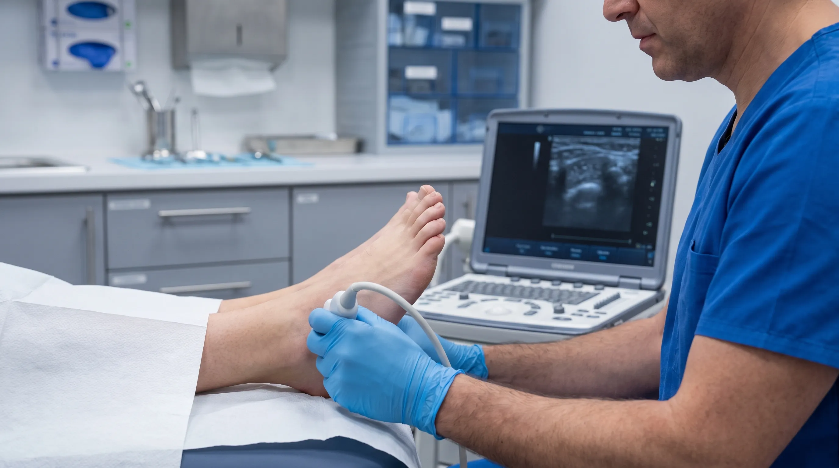 Medical professional examining a patient's foot for abnormalities
