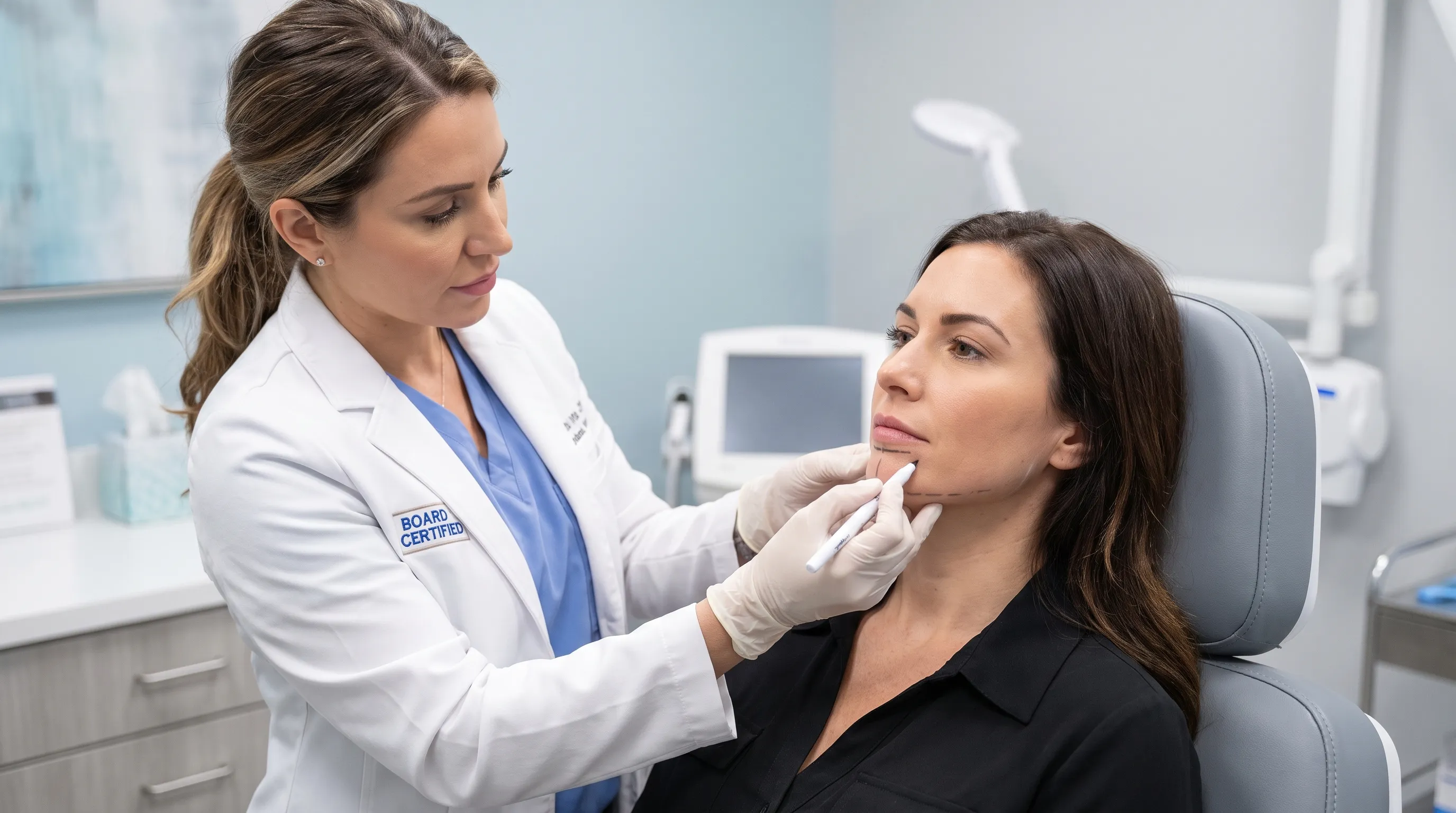 descriptive alt text showing a clinician comparing different FDA-approved dermal filler syringes with rheological charts in a modern aesthetic clinic