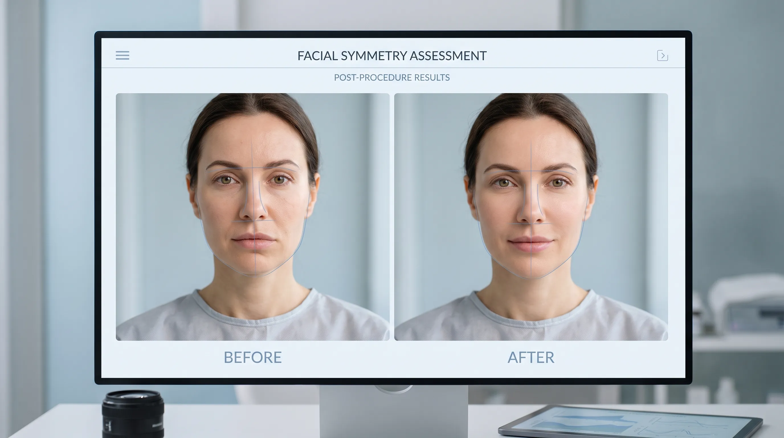 descriptive alt text showing a medical professional carefully reviewing post-procedure patient photographs and discussing recovery milestones in a clinical setting