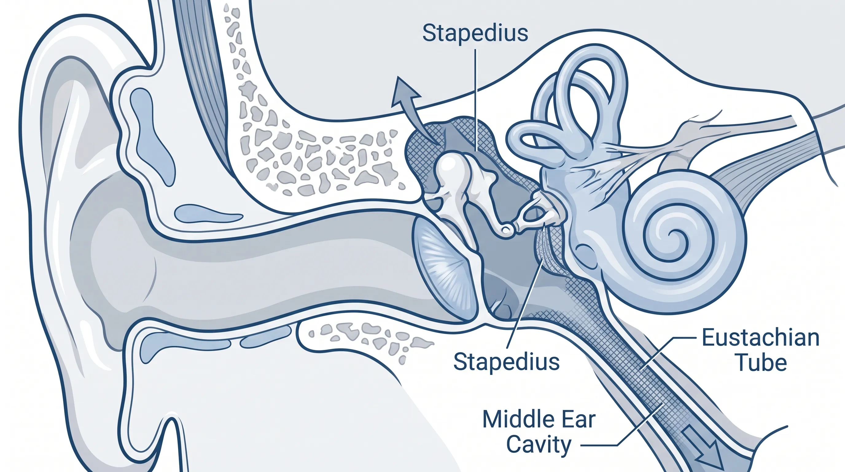 Clinical illustration showing the anatomical relationship between the Eustachian tube, middle ear muscles, and temporomandibular joint