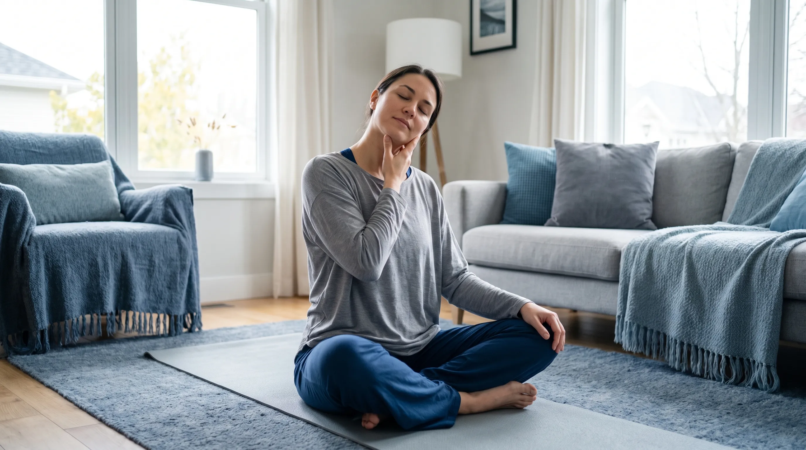 Physical therapist guiding a patient through gentle neck and jaw stretching exercises in a clinical rehabilitation setting