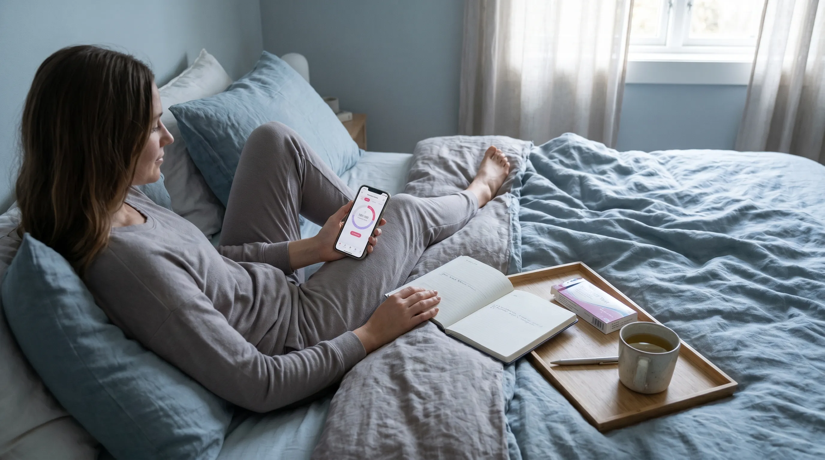 A woman reviewing her menstrual cycle tracking data on a smartphone alongside ovulation predictor kits and a health journal