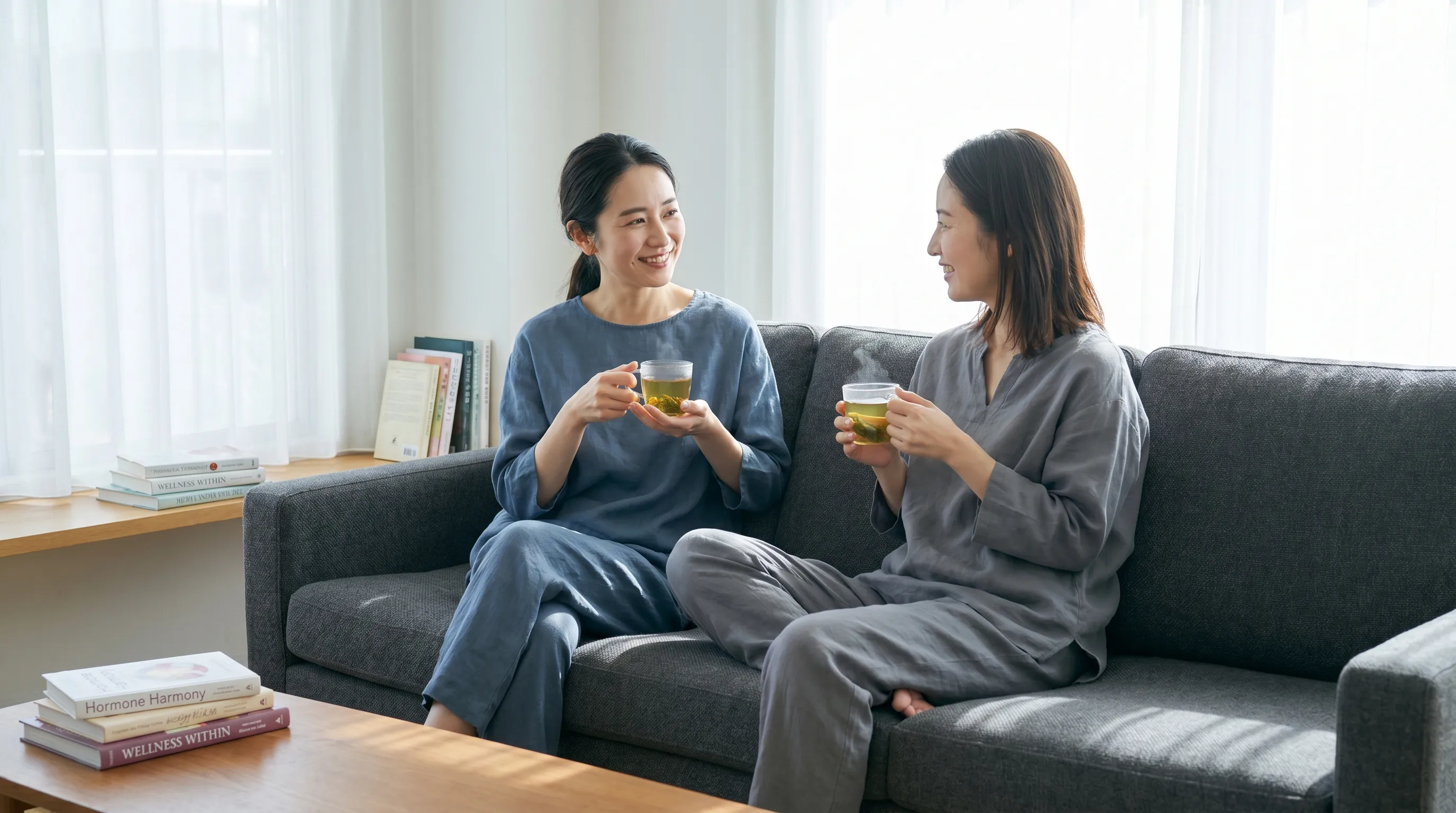 A couple sharing a quiet, intimate moment on a couch with soft lighting and wellness books nearby