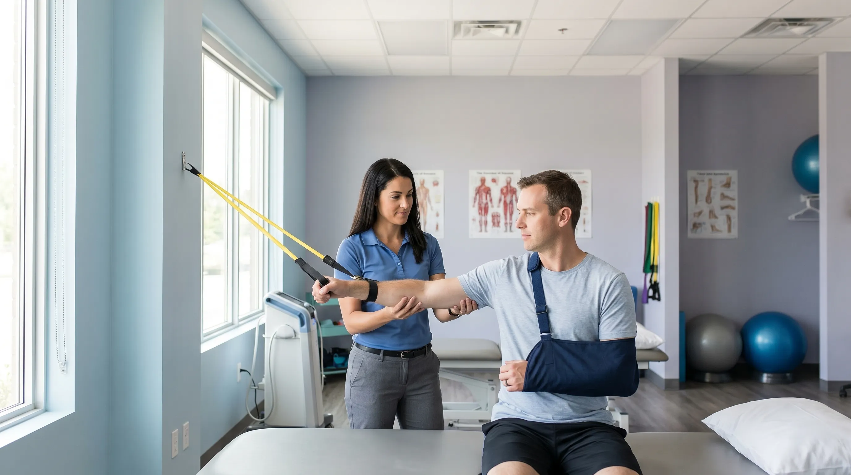Eine Physiotherapeutin oder ein Physiotherapeut leitet eine postoperative Person bei sanften Übungen zur Schultermobilität mit Widerstandsbändern an, helle klinische Umgebung, Grau- und Blautöne, medizinische Lehrfotografie