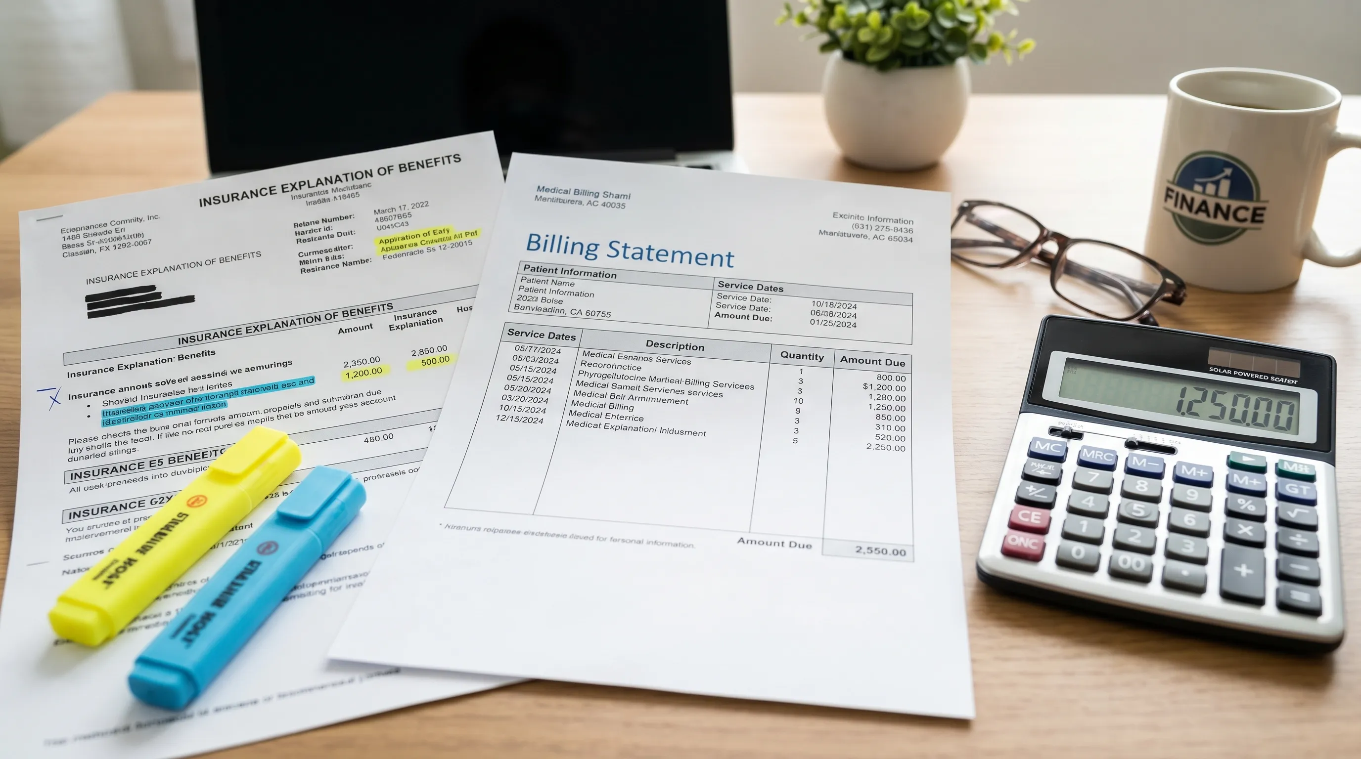 Nahaufnahme einer detaillierten medizinischen Rechnung und eines Dokuments zur Versicherungsleistung mit Textmarkern und Taschenrechner auf einem aufgeräumten Schreibtisch, professionelles Thema Finanzplanung