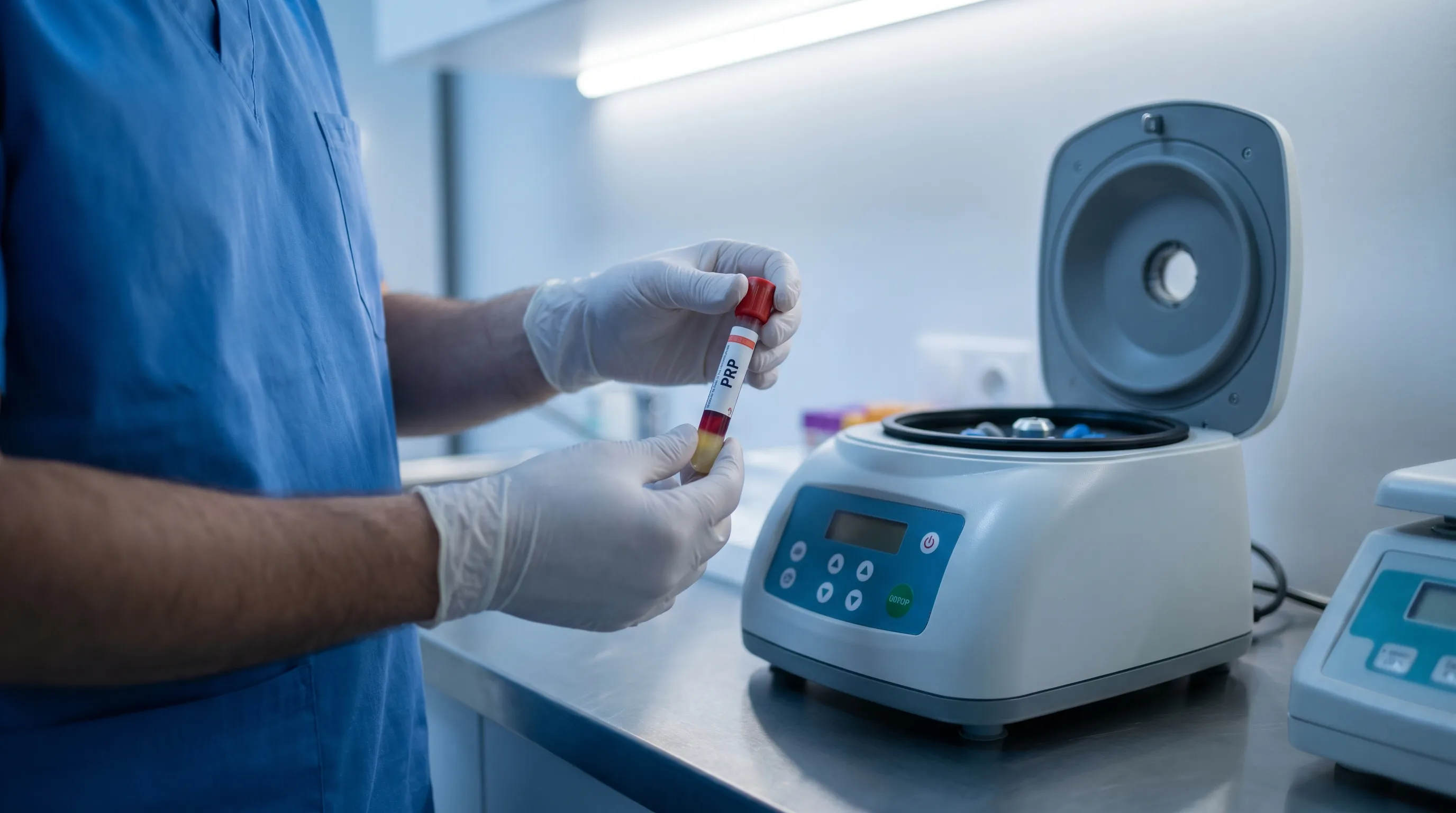 Medizinisch Fachperson preparing PRP tubes in ein sterile clinic environment mit centrifuge und Blut separation equipment