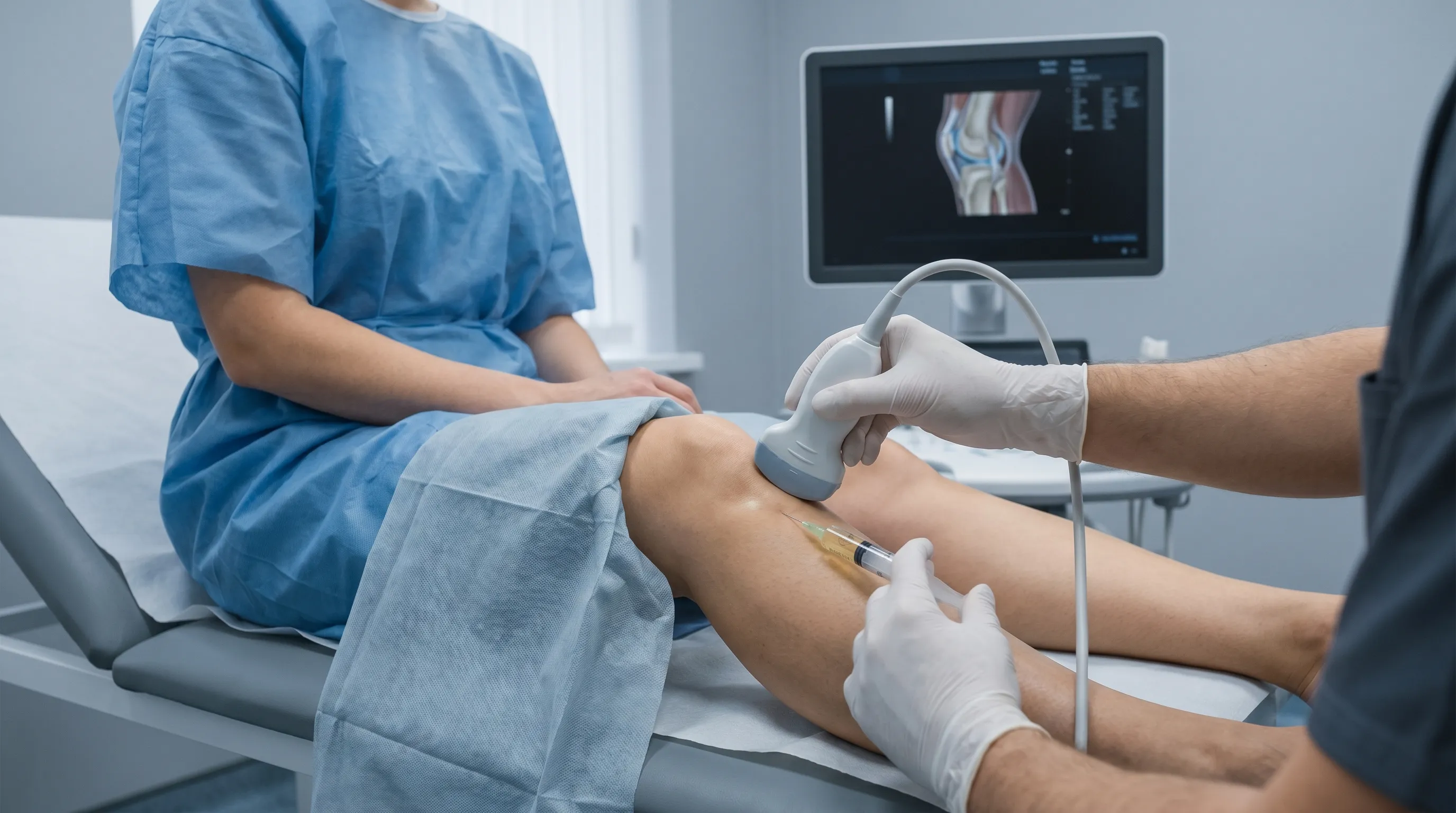 Patient receiving targeted PRP Injektion auf der knee joint mit anatomical focus in ein calm klinisch setting