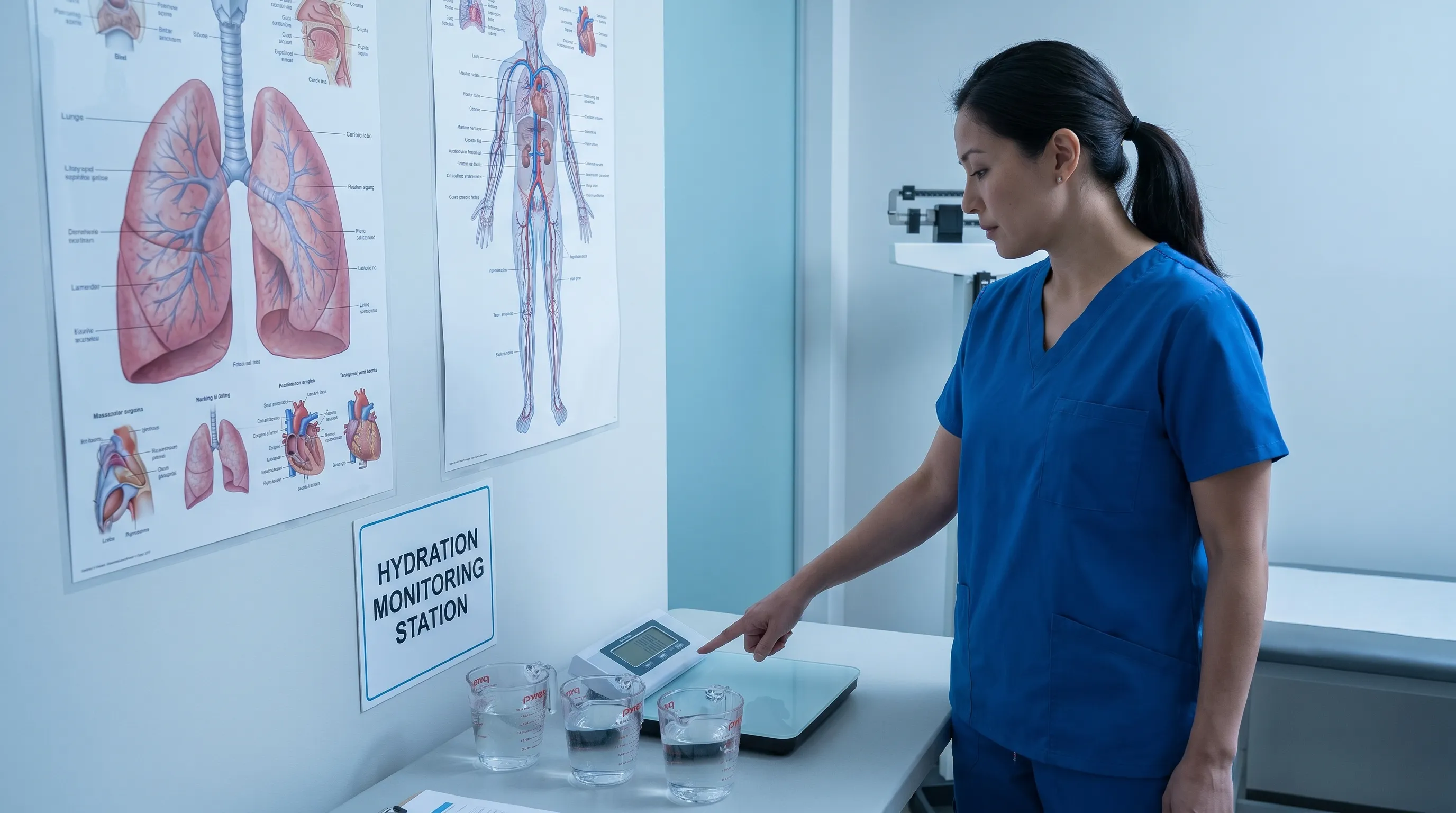Ein medizinisch Fachperson demonstrating proper Hydratation monitoring unter Verwendung von ein digital scale und clear measuring cups, alongside anatomical Lunge diagrams, shot in ein bright klinisch setting mit cool blue tones