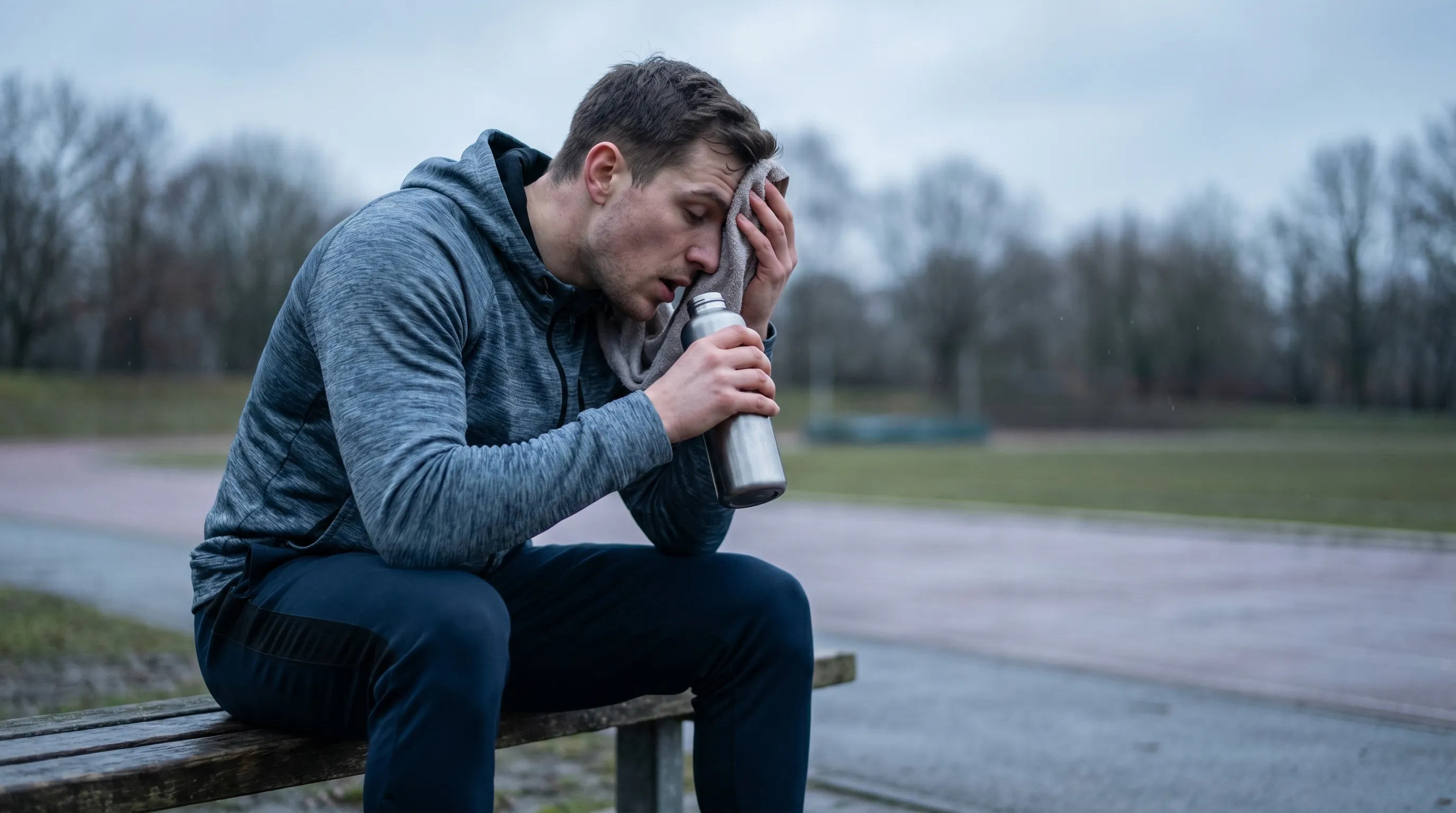Ein athlete resting nach outdoor training, wiping sweat während drinking von ein reusable Wasser bottle, mit ein focus auf respiratory Erholung und Hydratation, captured in natürlich daylight mit muted gray-blue aesthetic
