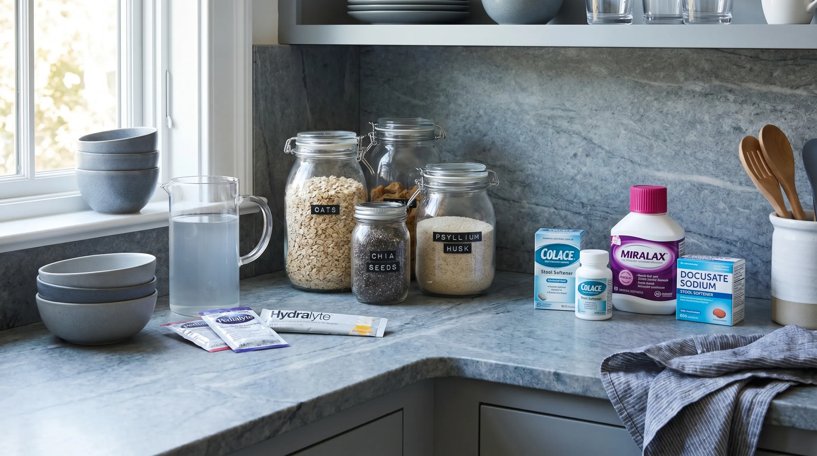 A clean kitchen counter displaying measured portions of soluble fiber foods, oral rehydration solutions, and gentle digestive supplements arranged in soft natural daylight