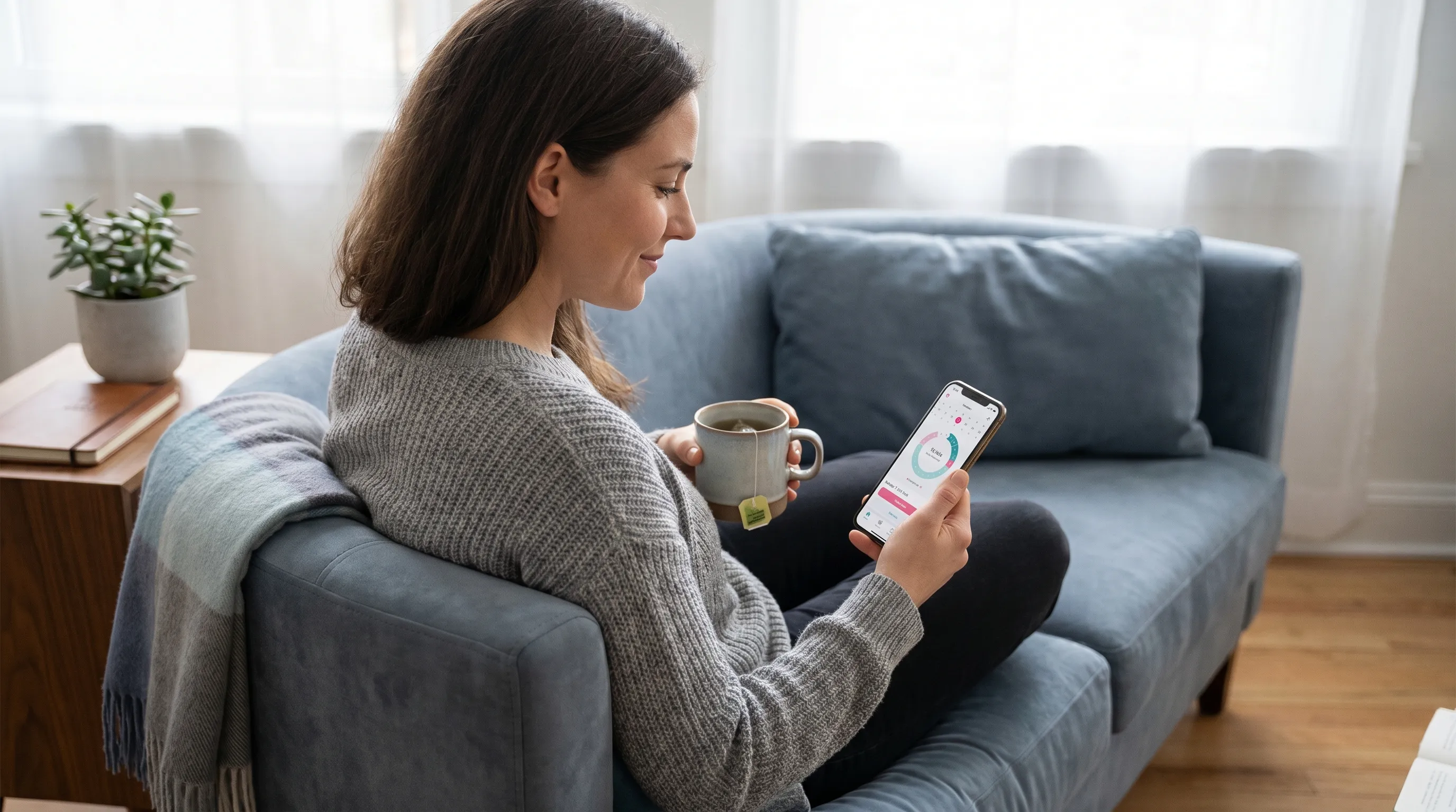 A woman tracking her menstrual cycle and symptoms on a digital device while resting comfortably on a sofa