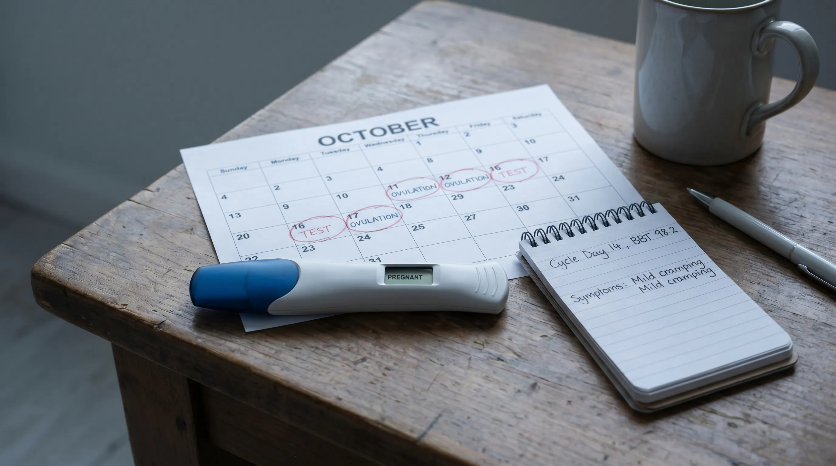 Close-up of a home pregnancy test and calendar showing days past ovulation tracking