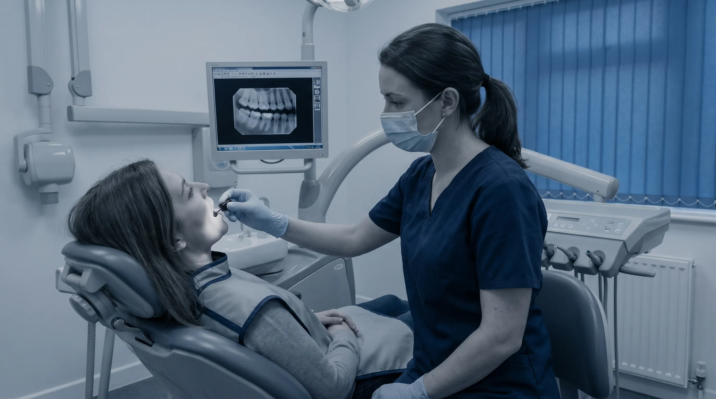 Dentist performing a gentle intraoral examination with modern digital radiography equipment, professional clinic environment, muted blue and gray color palette, 4:3 ratio