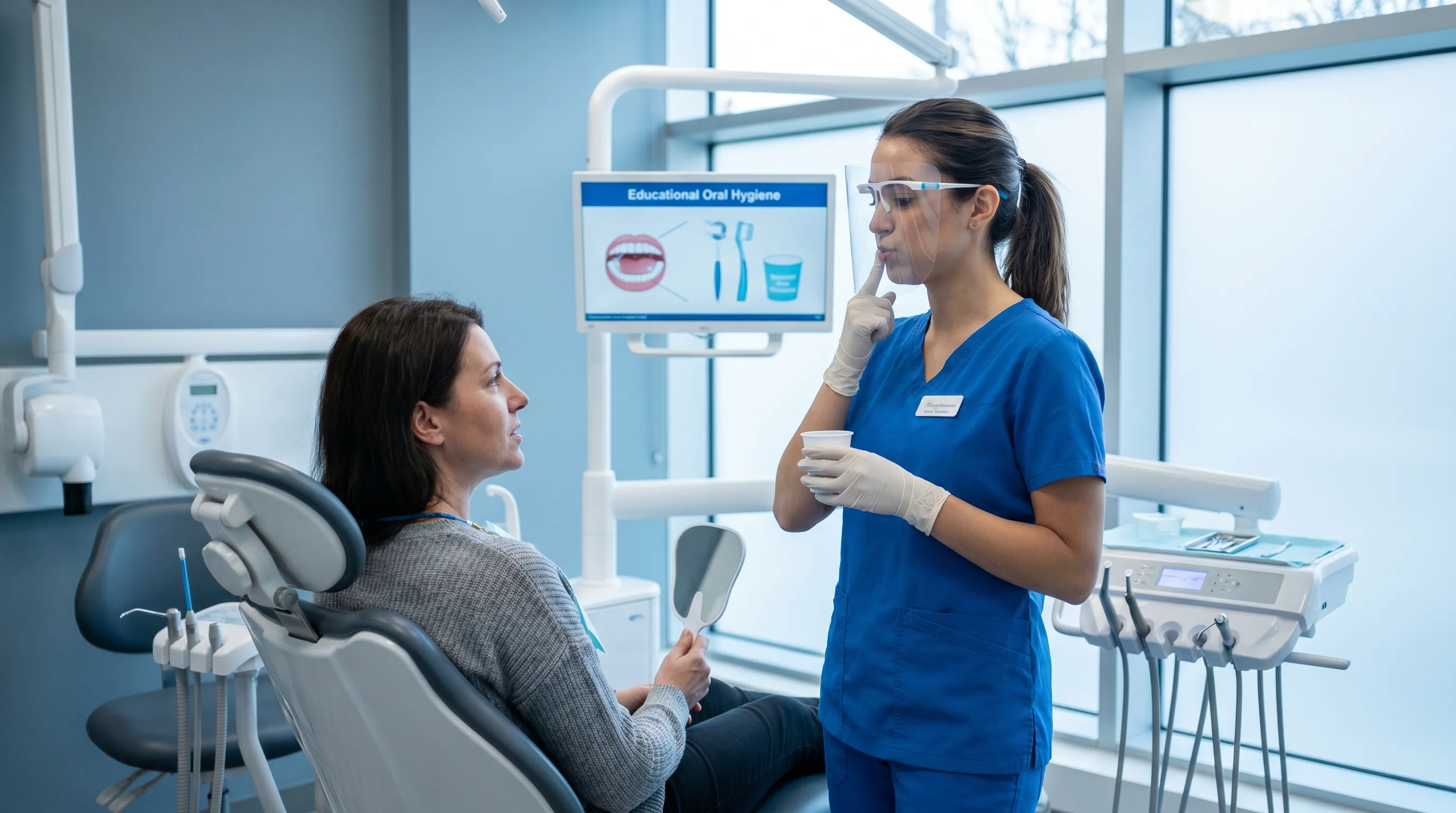 Eine Dentalhygienefachkraft demonstriert einer Patientin in einer hellen klinischen Umgebung die richtige Technik zum Mundspülen