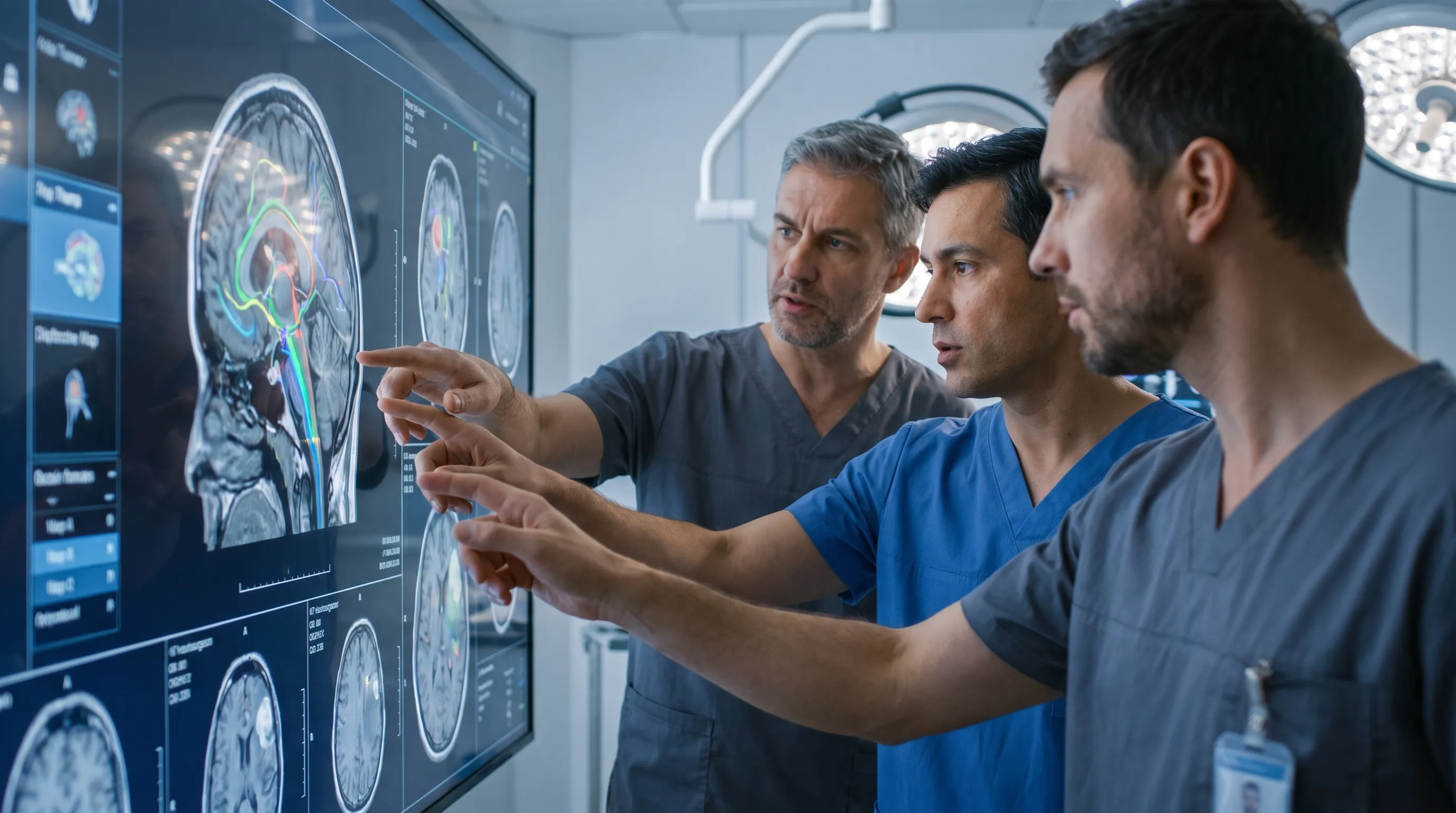 A multidisciplinary medical team reviews 3D brain tumor mapping on a large digital display, conveying precision and collaboration